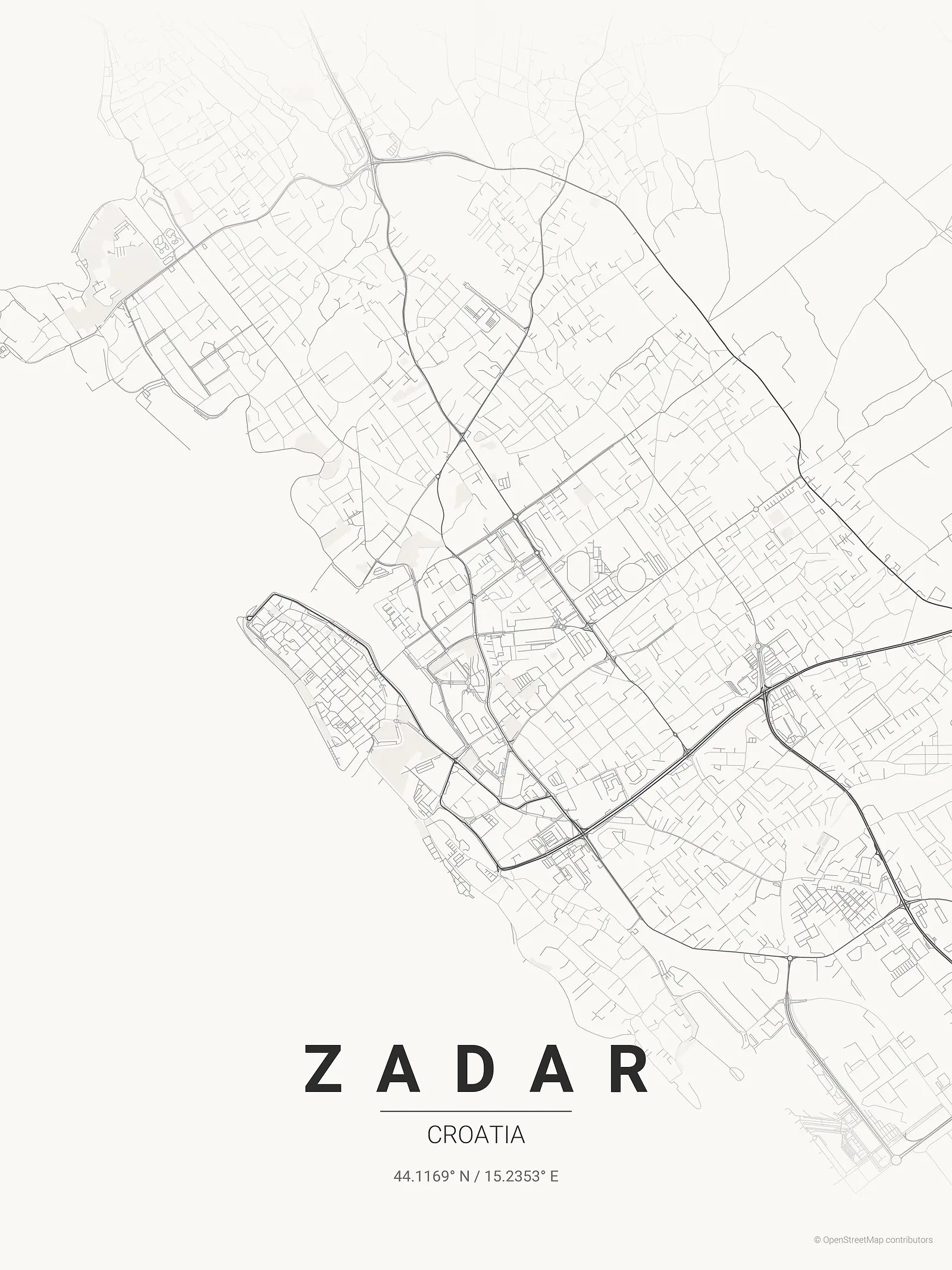 Stylized map poster of Zadar in Japanese ink style