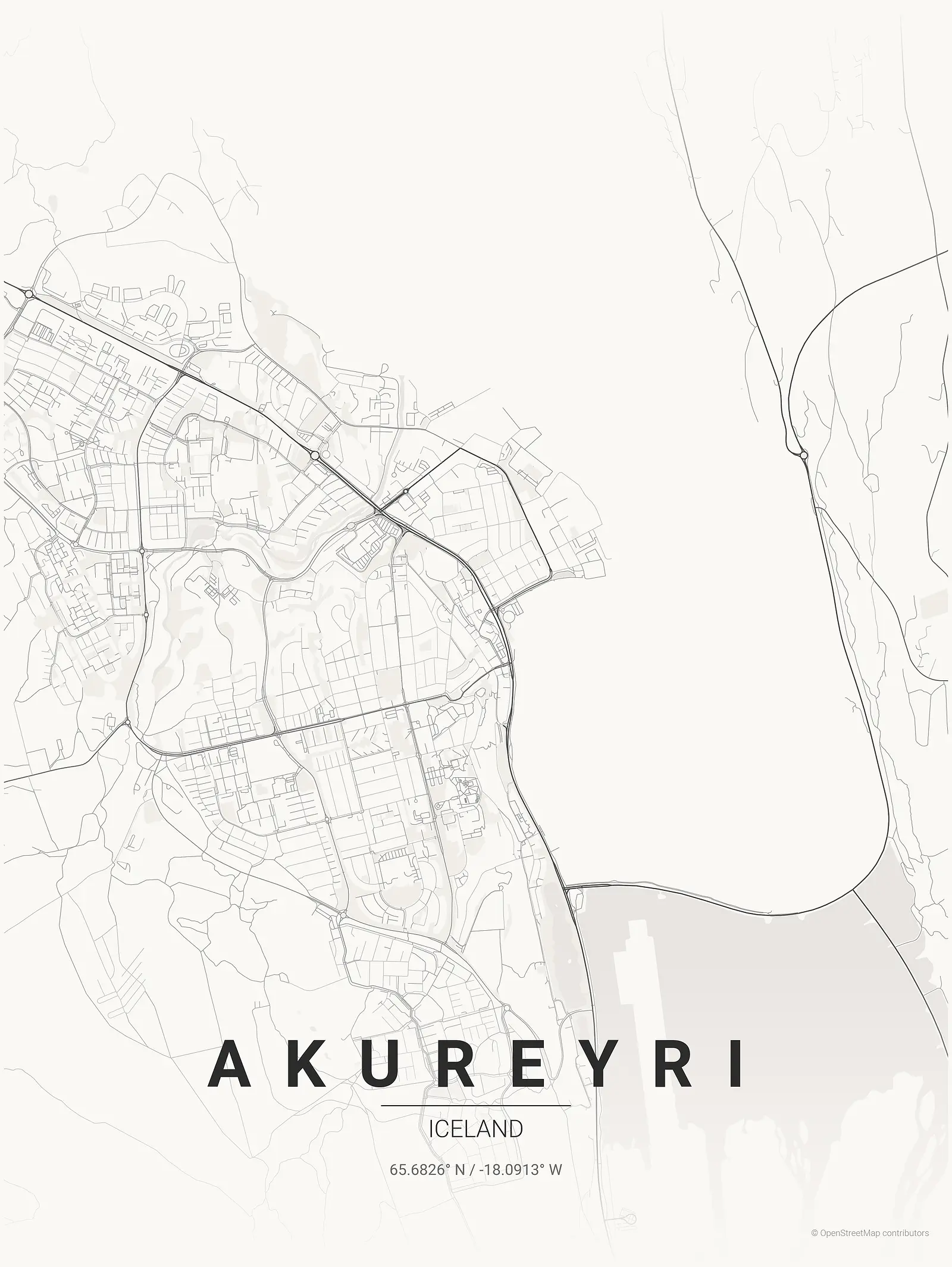 Póster de mapa estilizado de Akureyri en estilo tinta japonesa