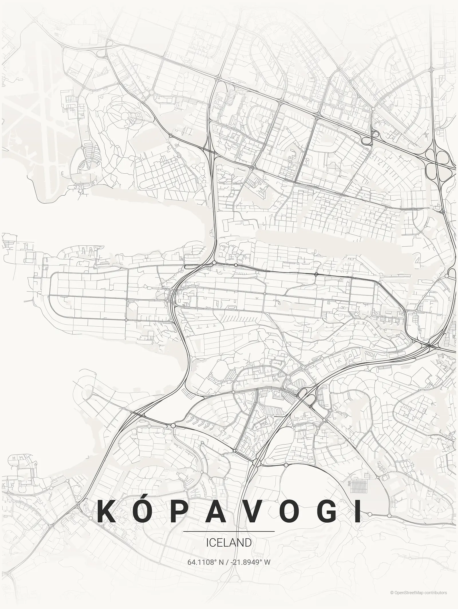 Stylized kaart poster of Kópavogi in Japanese ink style