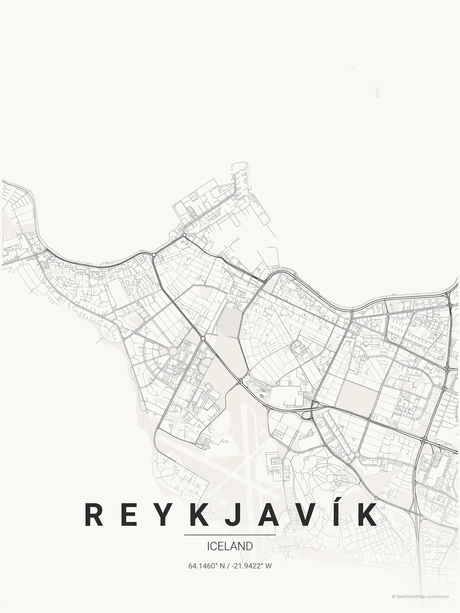 Stylized map poster of Reykjavík in Japanese ink style