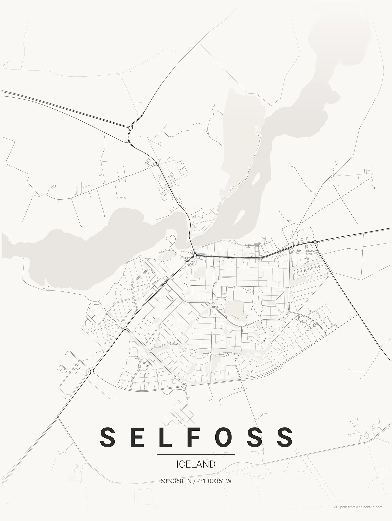 Póster de mapa estilizado de Selfoss en estilo tinta japonesa