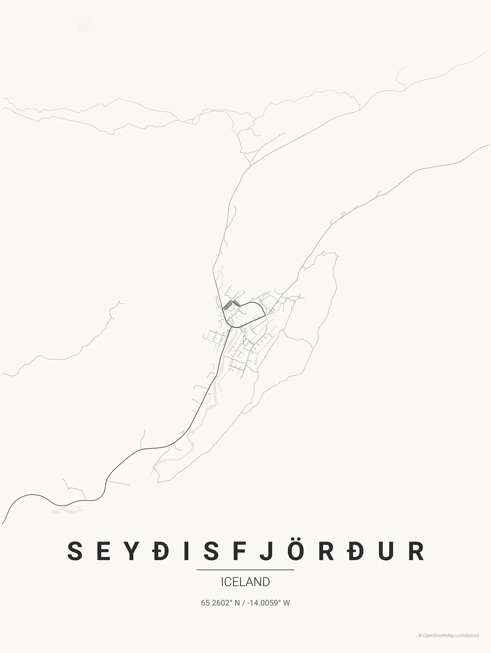 Stylized map poster of Seyðisfjörður in Japanese ink style
