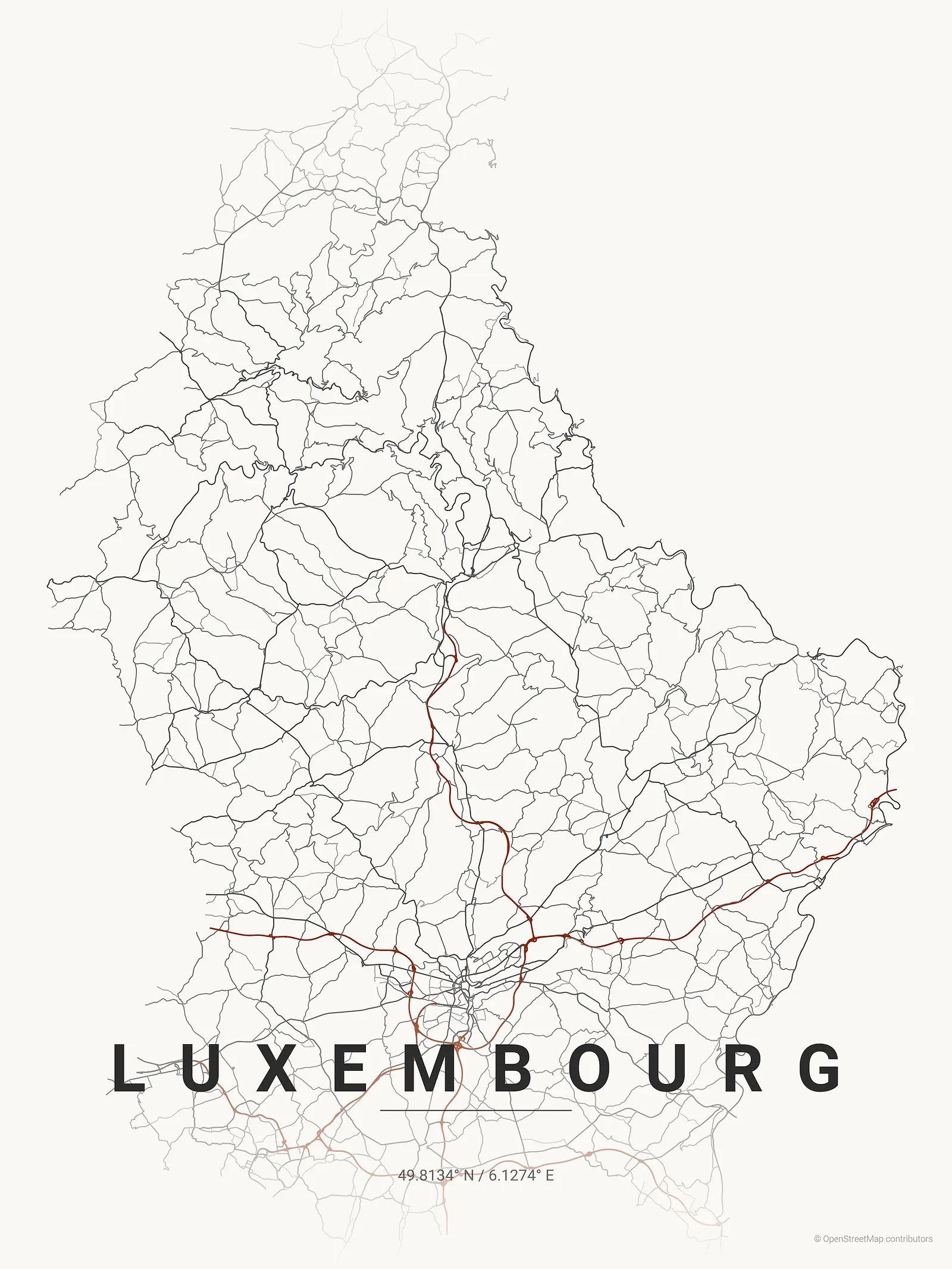 Stylized map poster of Luxembourg in Japanese ink style