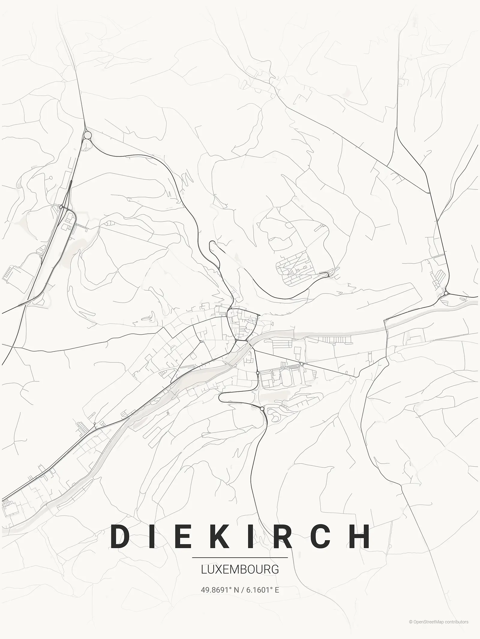 Stylized kaart poster of Diekirch in Japanese ink style
