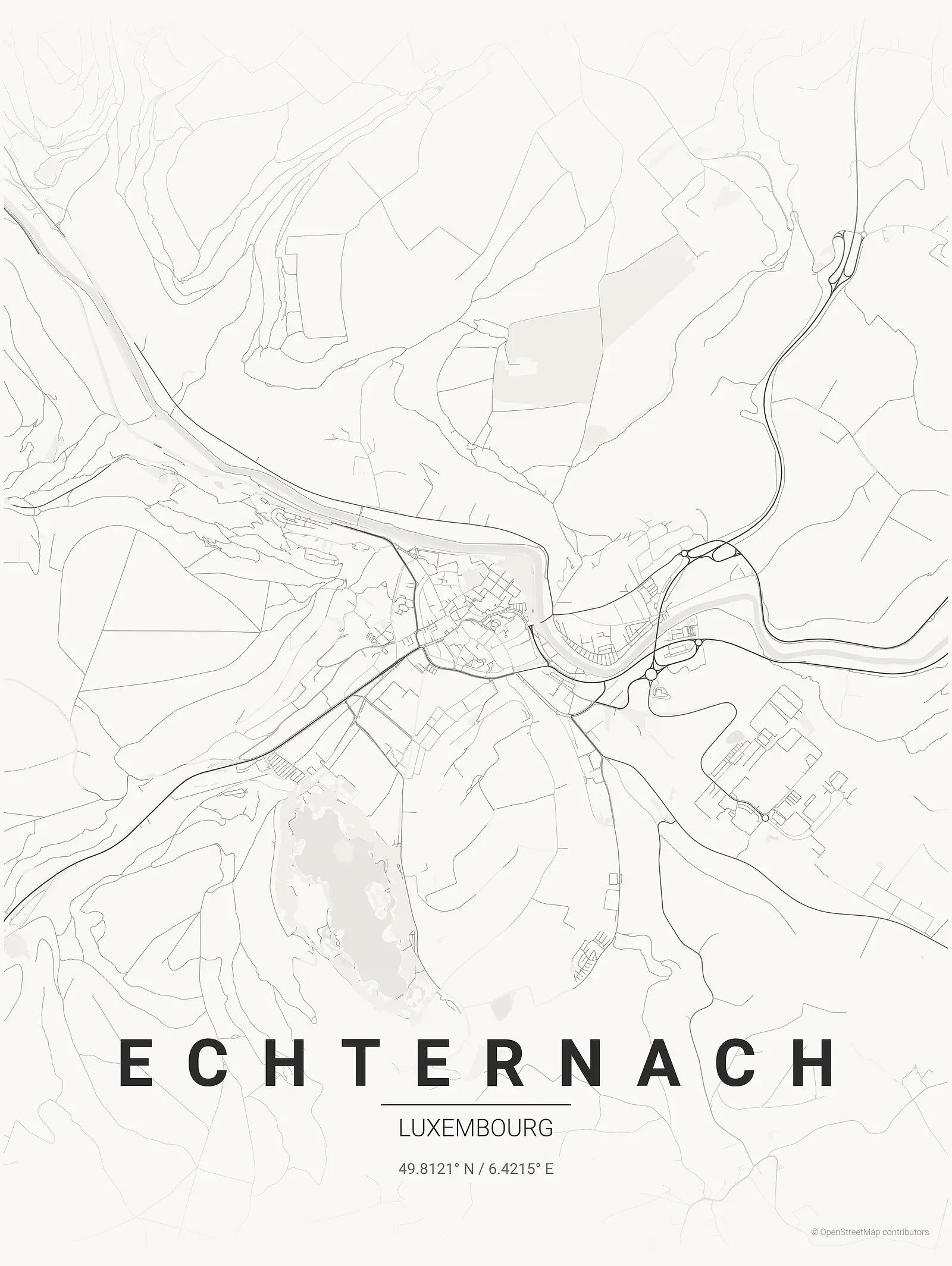 Póster de mapa estilizado de Echternach en estilo tinta japonesa
