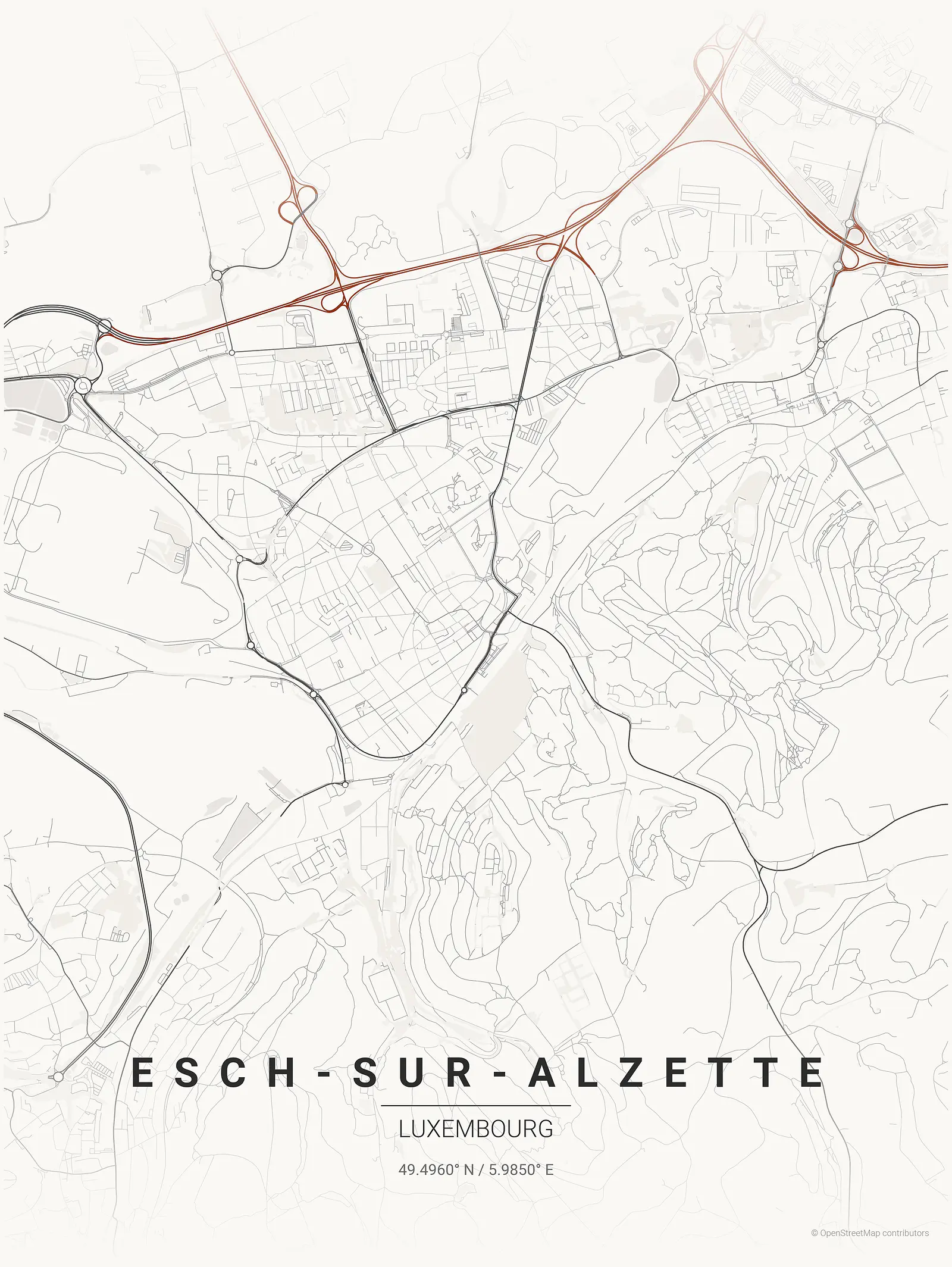 Stylized map poster of Esch-sur-Alzette in Japanese ink style