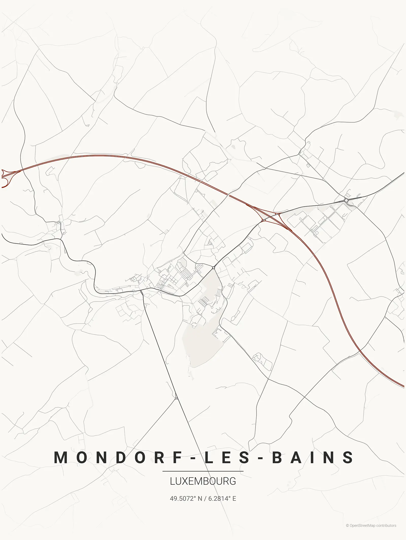 Stylized map poster of Mondorf-les-Bains in Japanese ink style