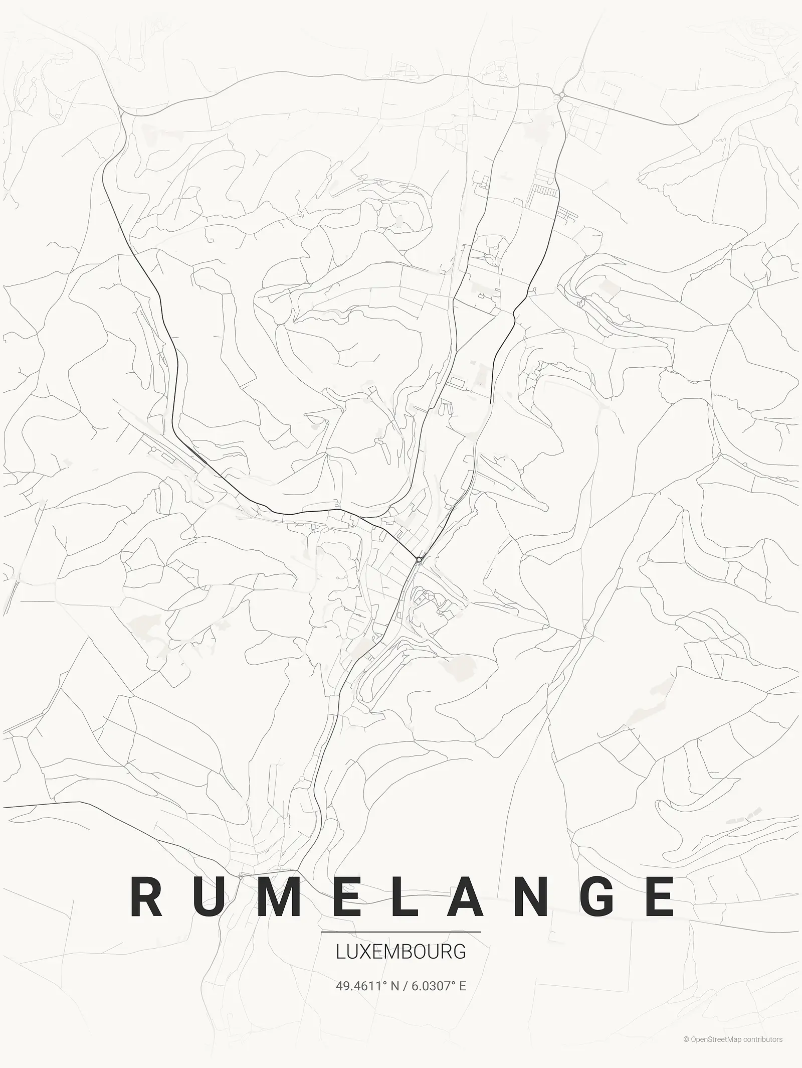 Stylized kaart poster of Rumelange in Japanese ink style