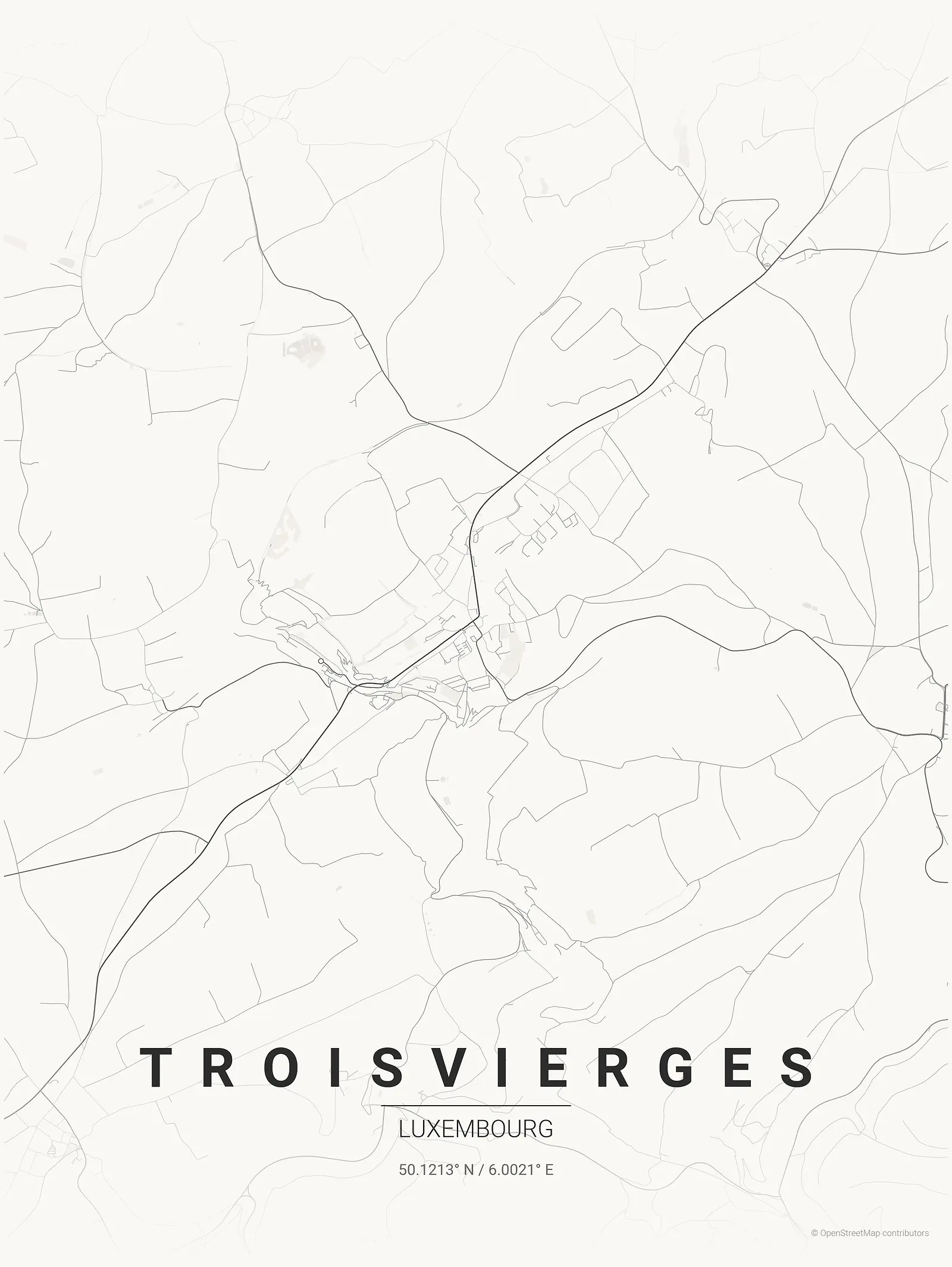 Póster de mapa estilizado de Troisvierges en estilo tinta japonesa