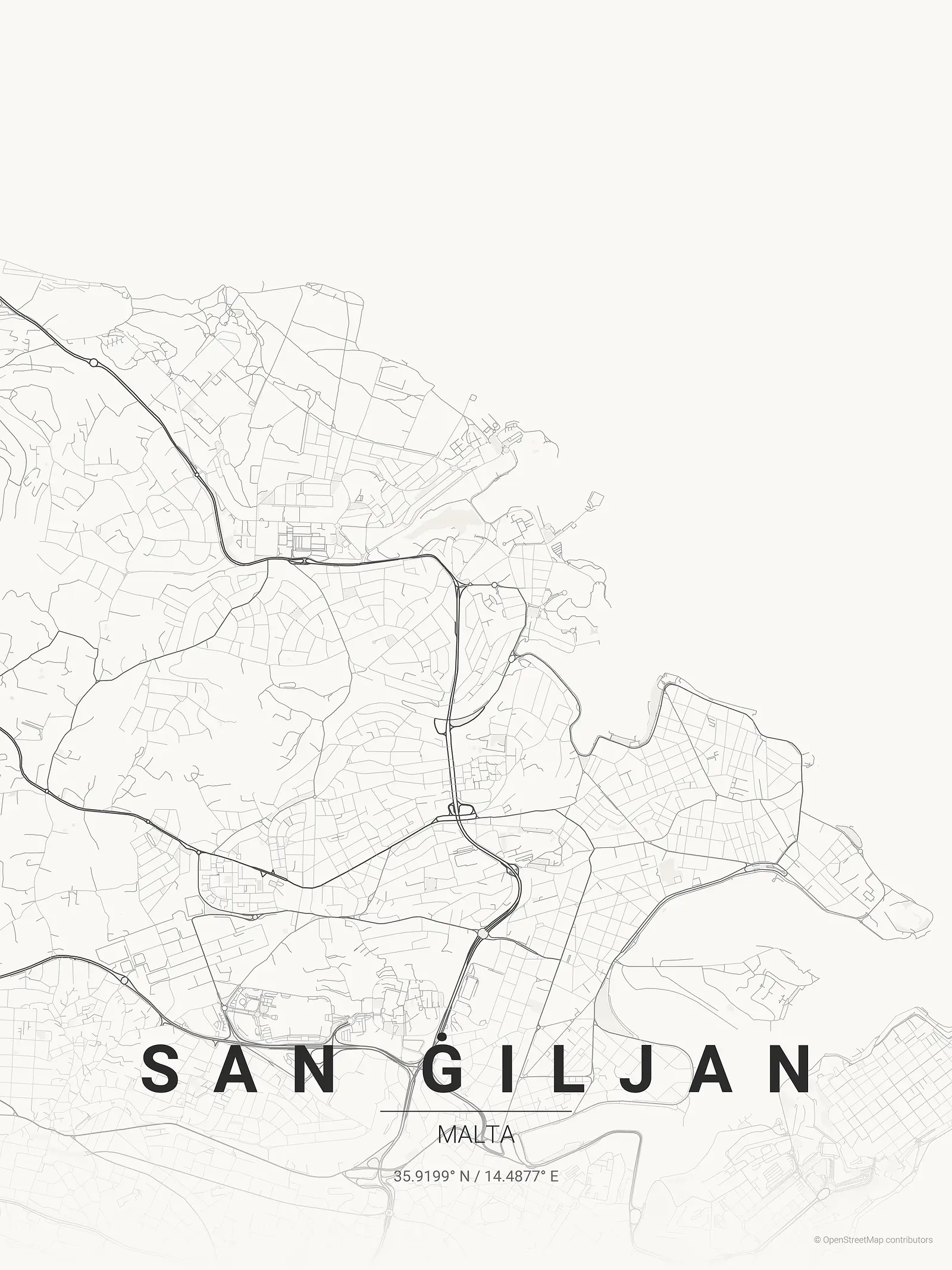 Póster de mapa estilizado de San Ġiljan en estilo tinta japonesa