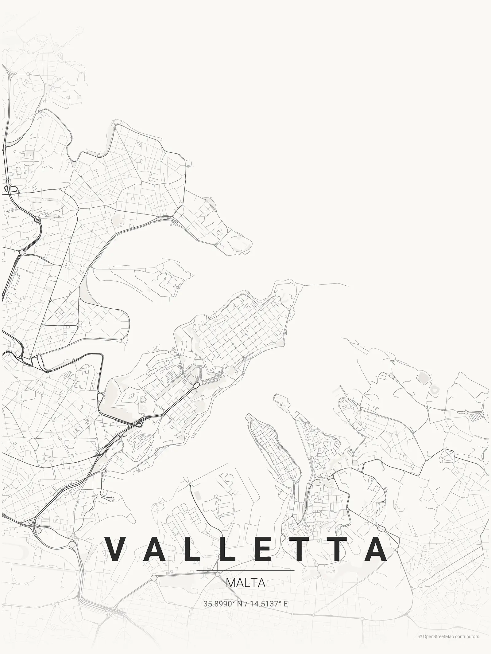 Póster de mapa estilizado de Valletta en estilo tinta japonesa