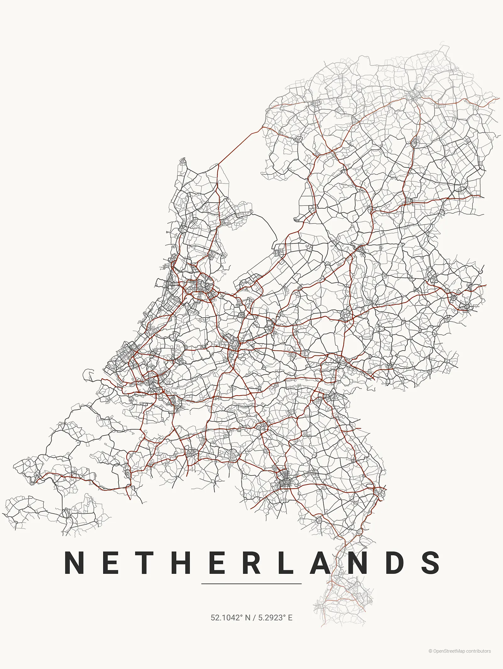 Stylized map poster of Netherlands in Japanese ink style