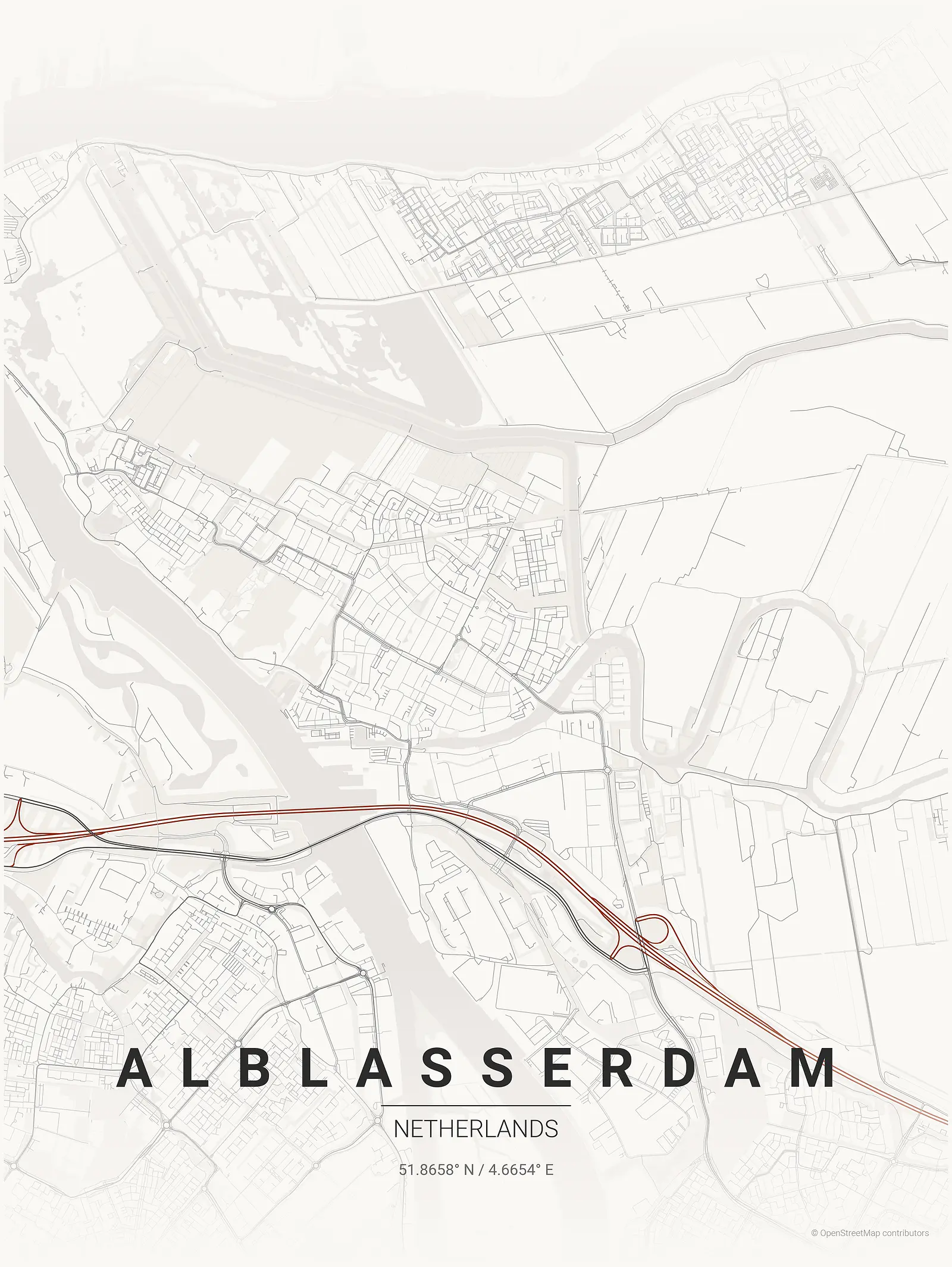 Stylized map poster of Alblasserdam in Japanese ink style