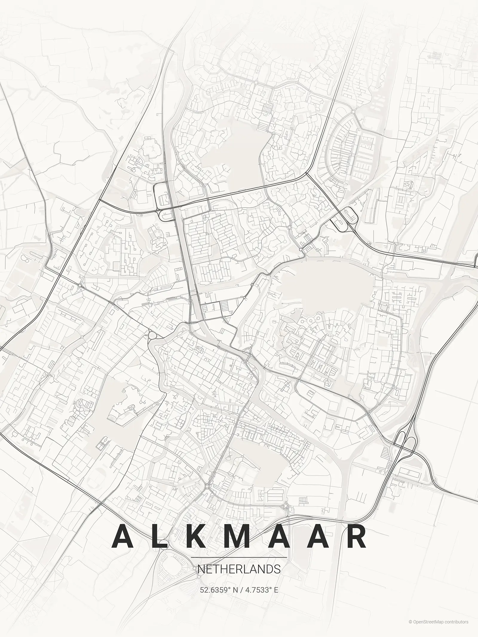 Póster de mapa estilizado de Alkmaar en estilo tinta japonesa