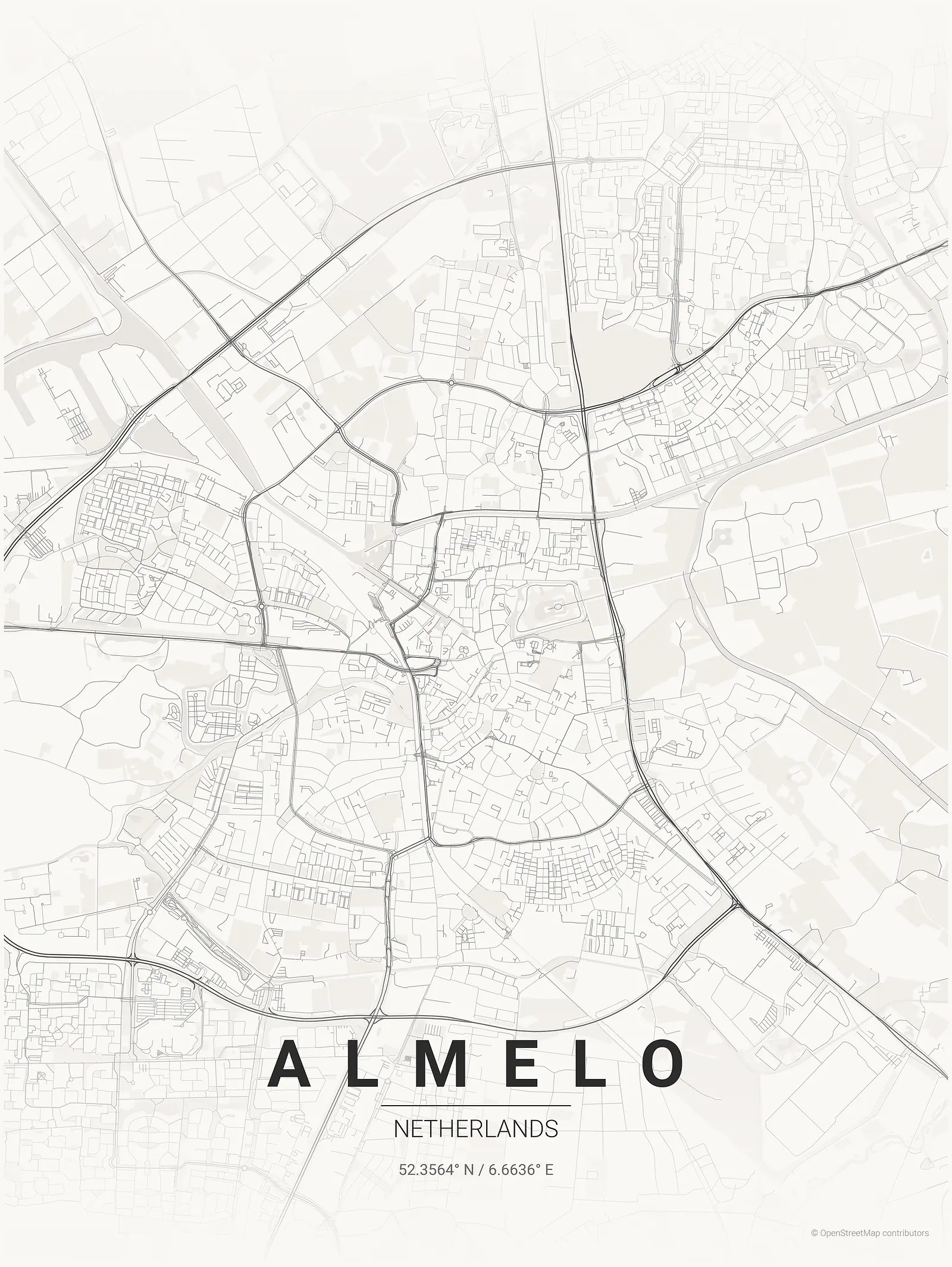 Stylized map poster of Almelo in Japanese ink style