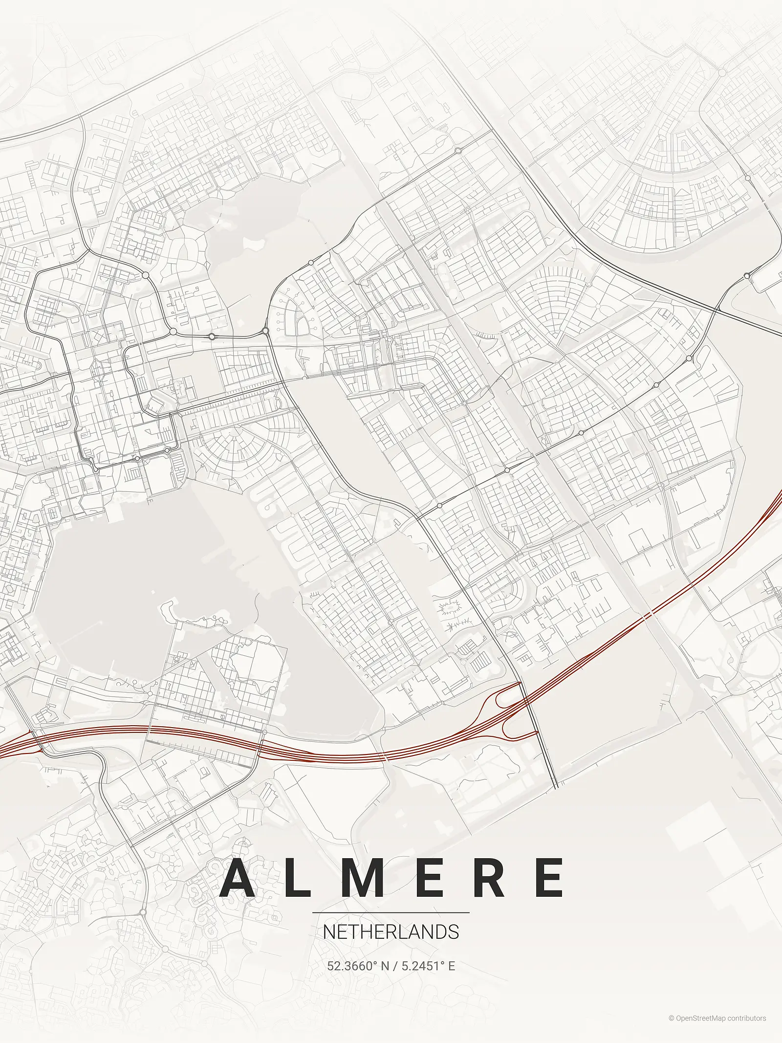 Póster de mapa estilizado de Almere en estilo tinta japonesa
