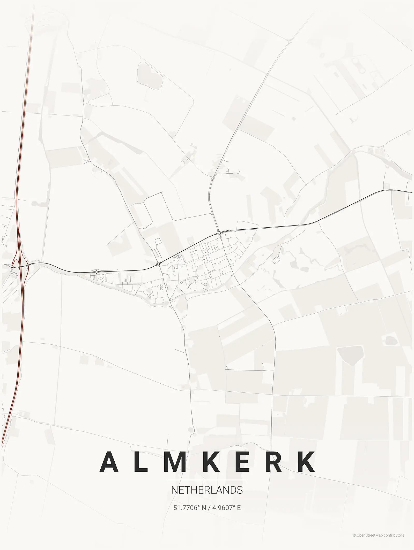 Póster de mapa estilizado de Almkerk en estilo tinta japonesa