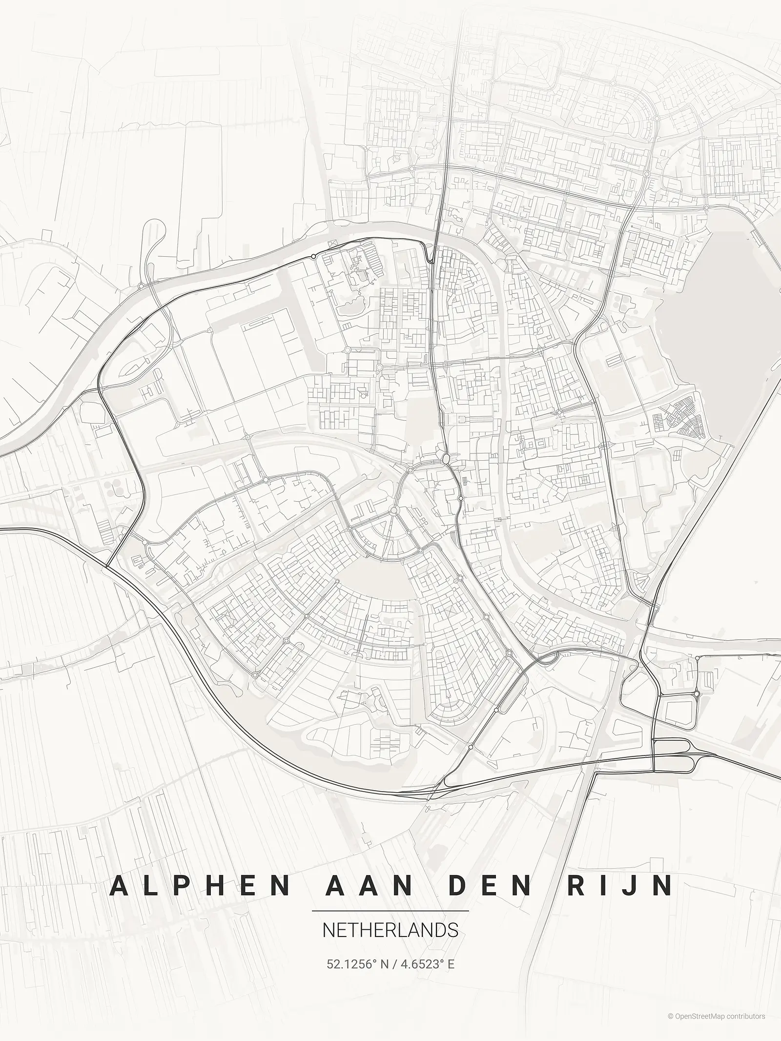 Stylized map poster of Alphen aan den Rijn in Japanese ink style