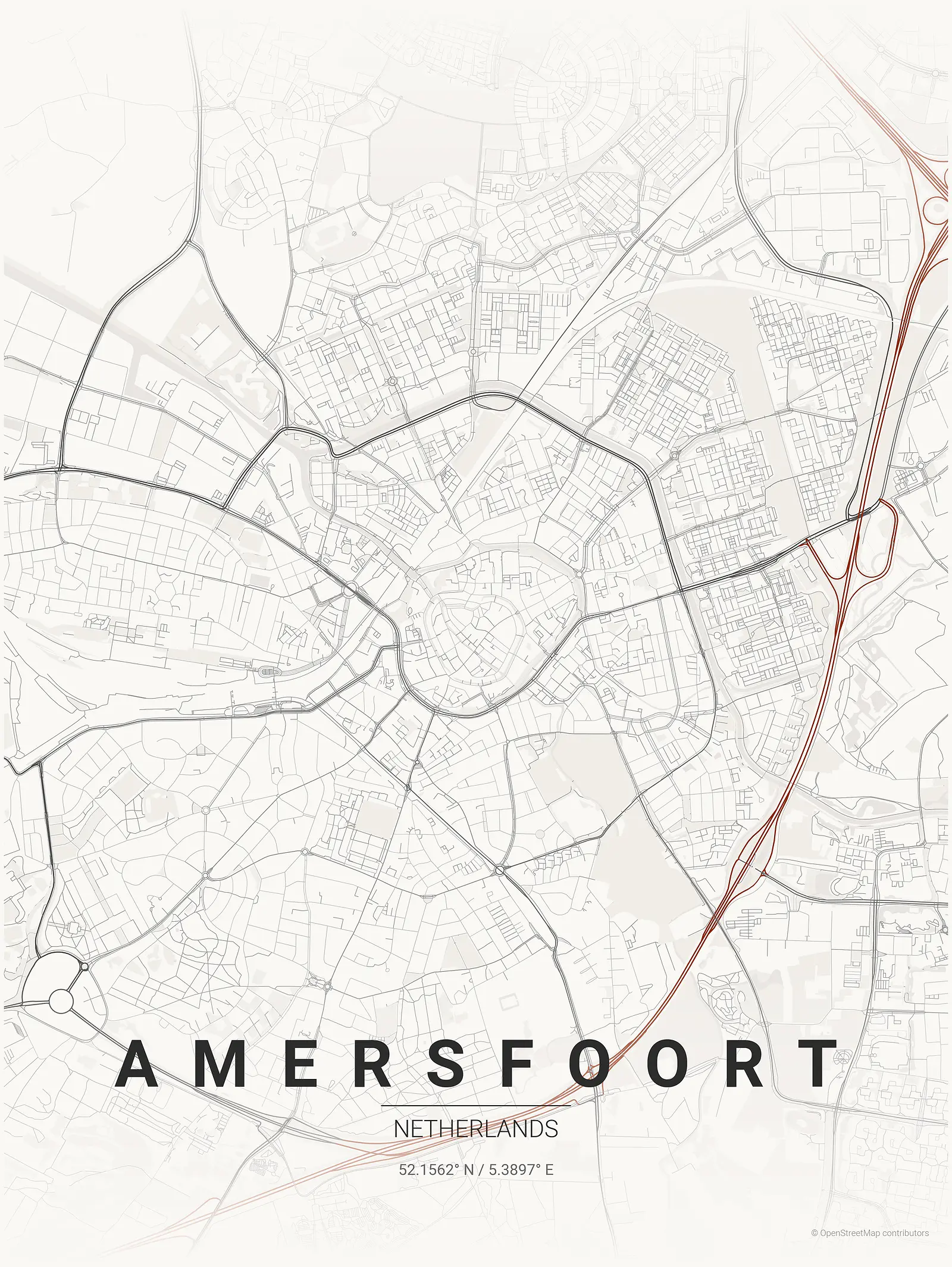 Stylized map poster of Amersfoort in Japanese ink style