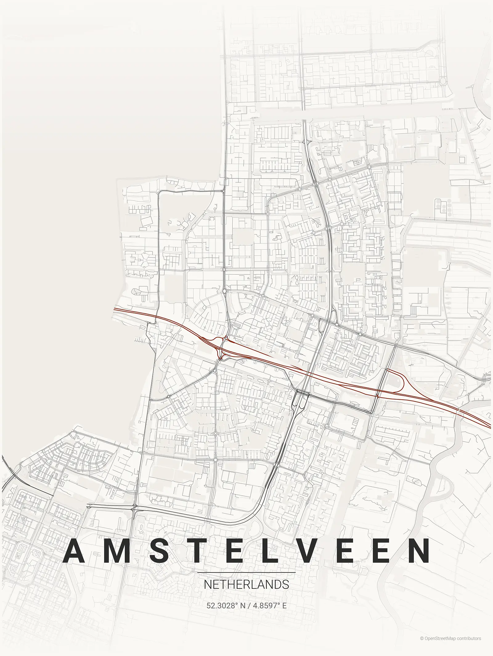 Stylized map poster of Amstelveen in Japanese ink style