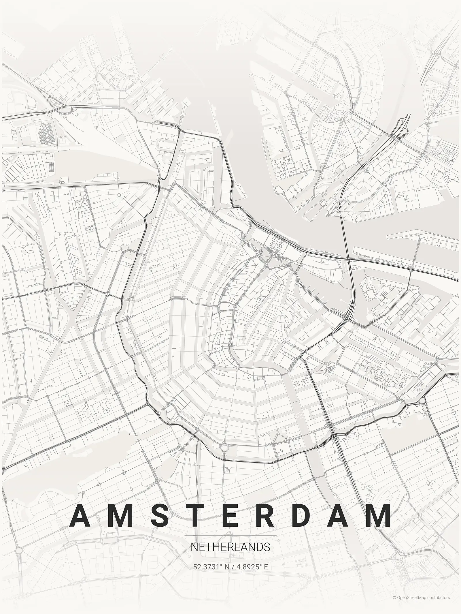 Stylized map poster of Amsterdam in Japanese ink style
