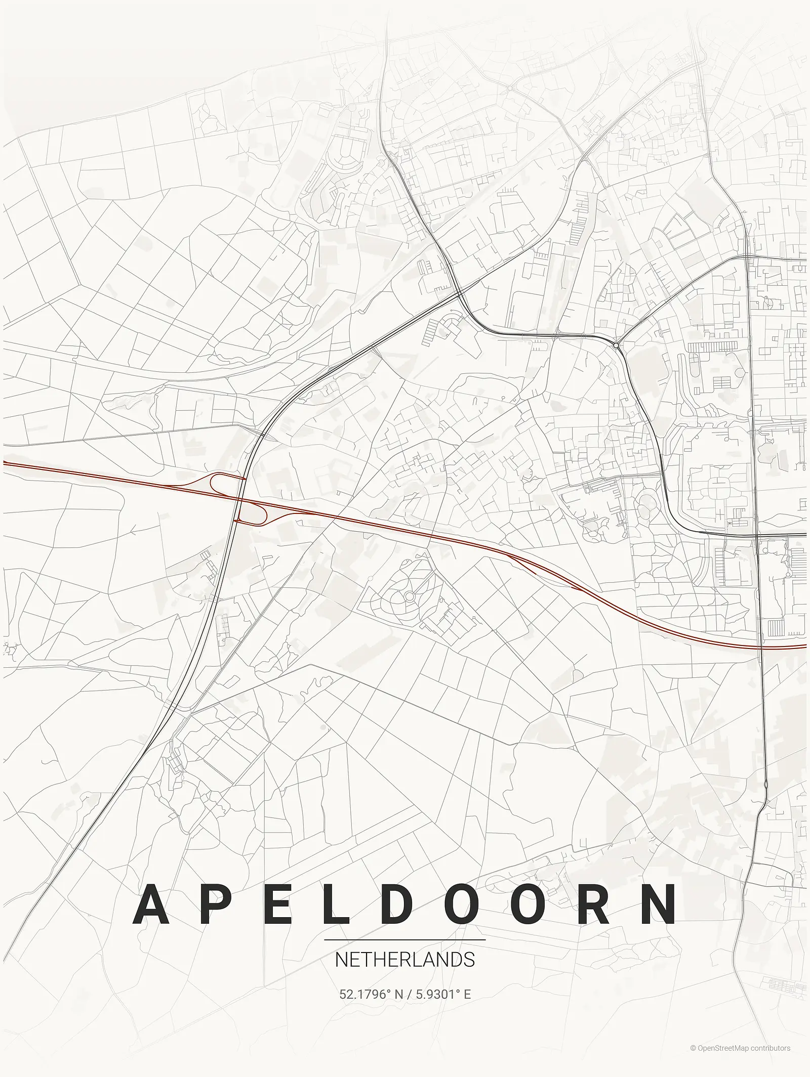 Póster de mapa estilizado de Apeldoorn en estilo tinta japonesa
