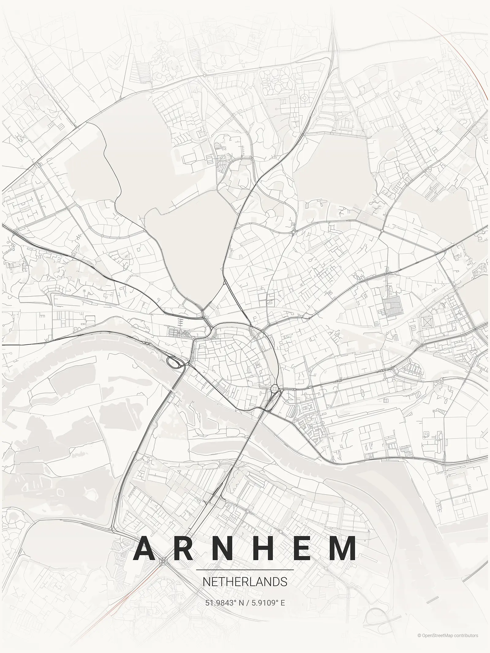 Stylized map poster of Arnhem in Japanese ink style