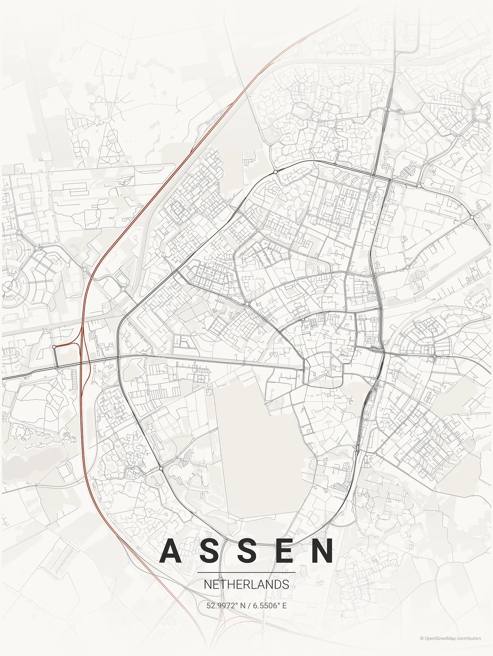 Stylized kaart poster of Assen in Japanese ink style