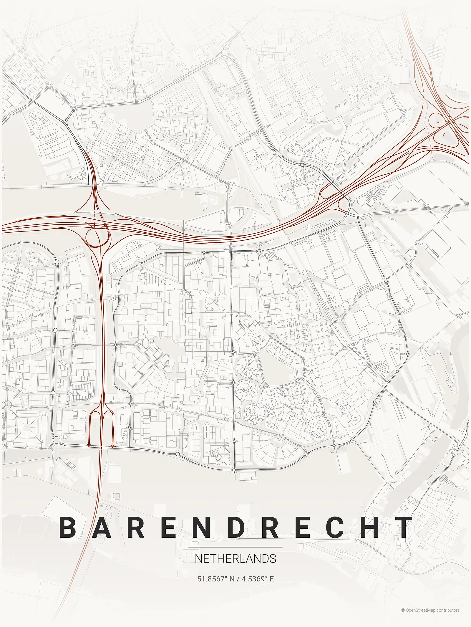 Póster de mapa estilizado de Barendrecht en estilo tinta japonesa