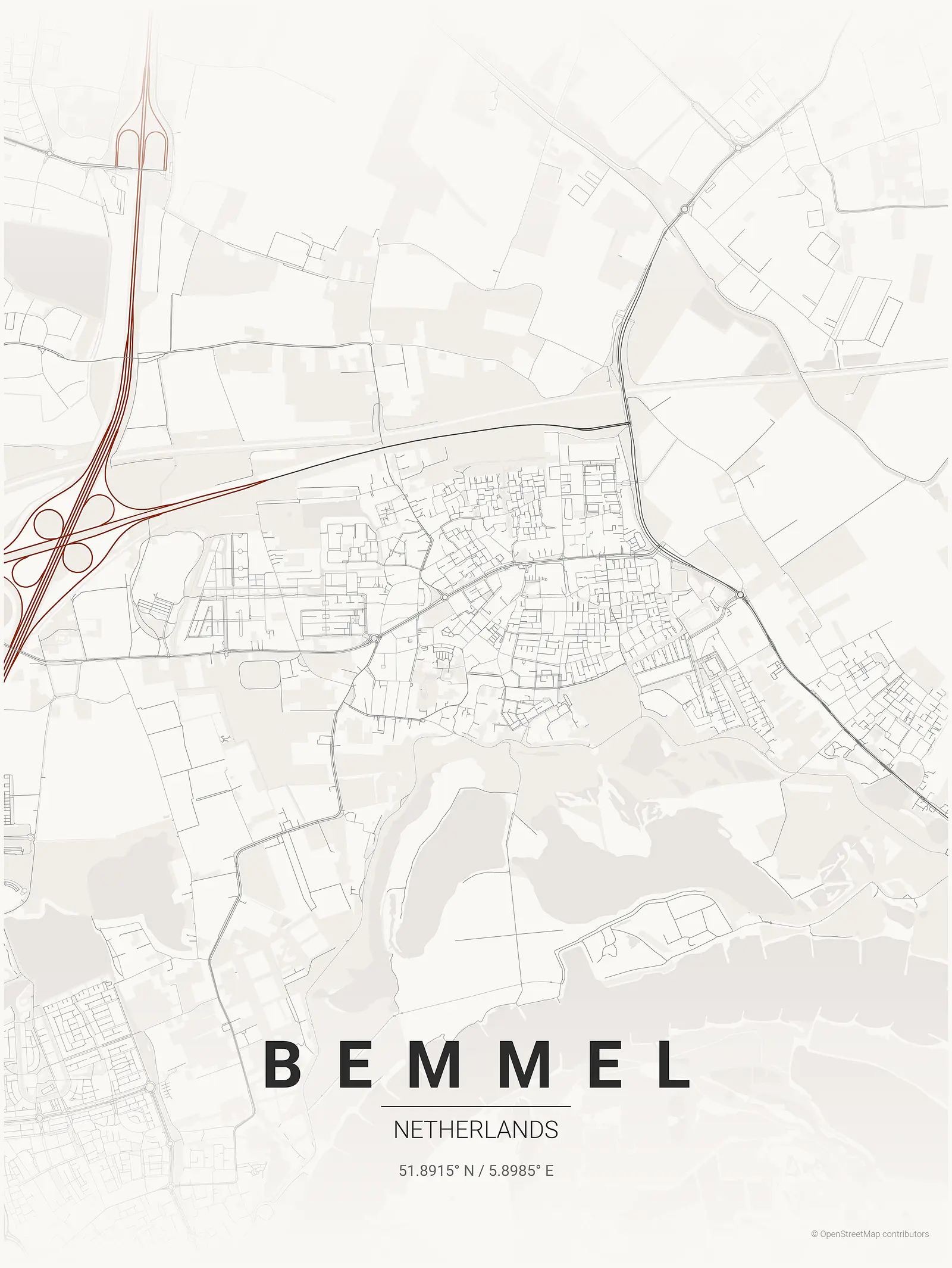 Póster de mapa estilizado de Bemmel en estilo tinta japonesa