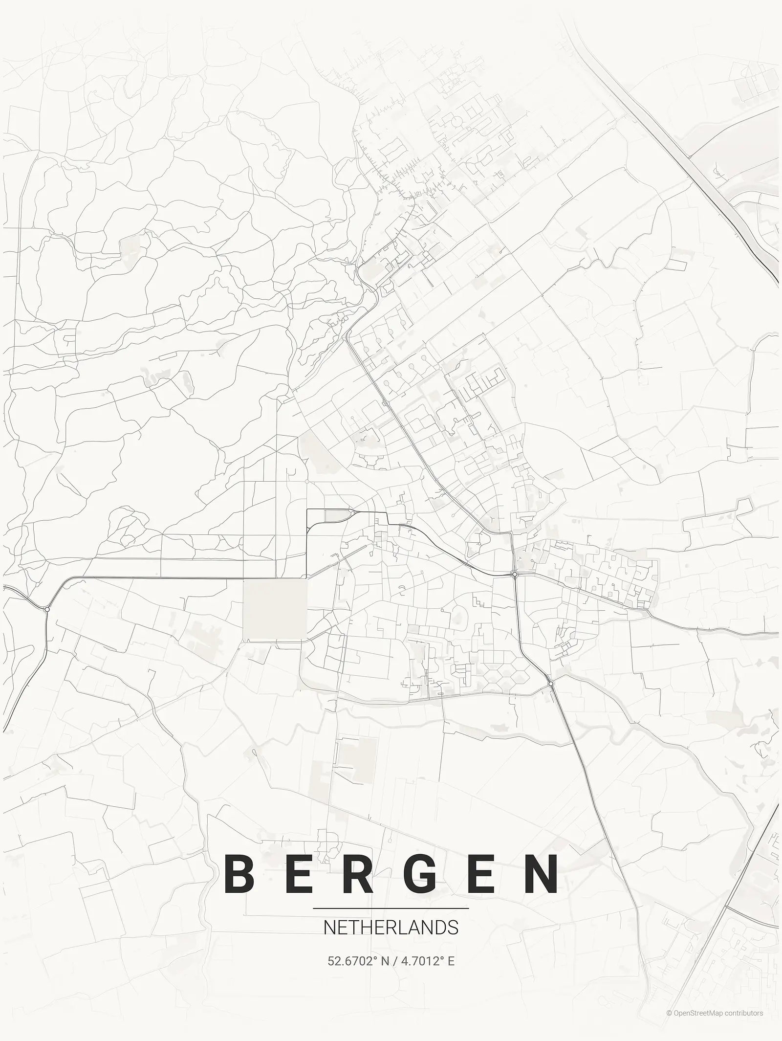 Póster de mapa estilizado de Bergen en estilo tinta japonesa