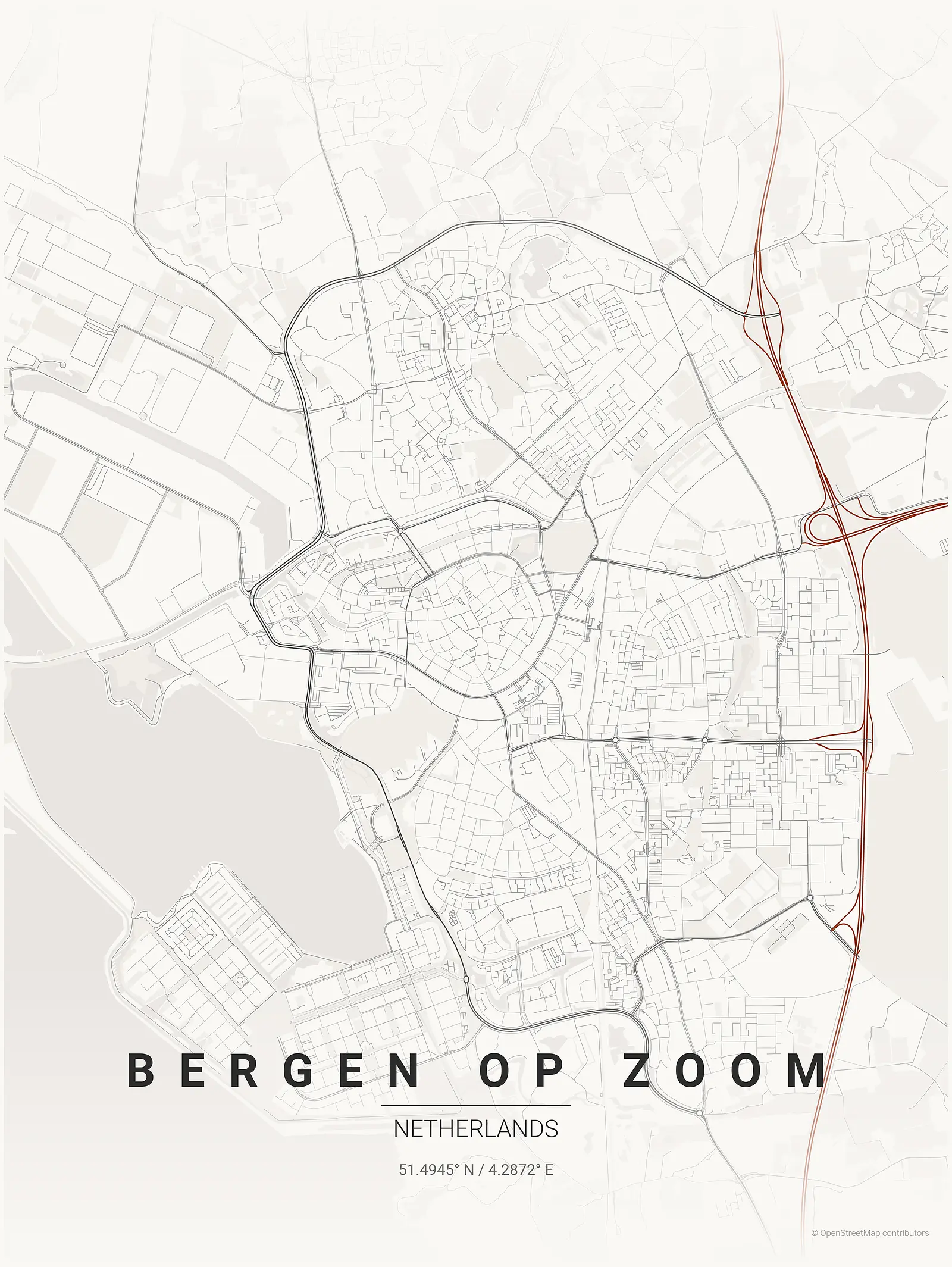 Stylized kaart poster of Bergen op Zoom in Japanese ink style
