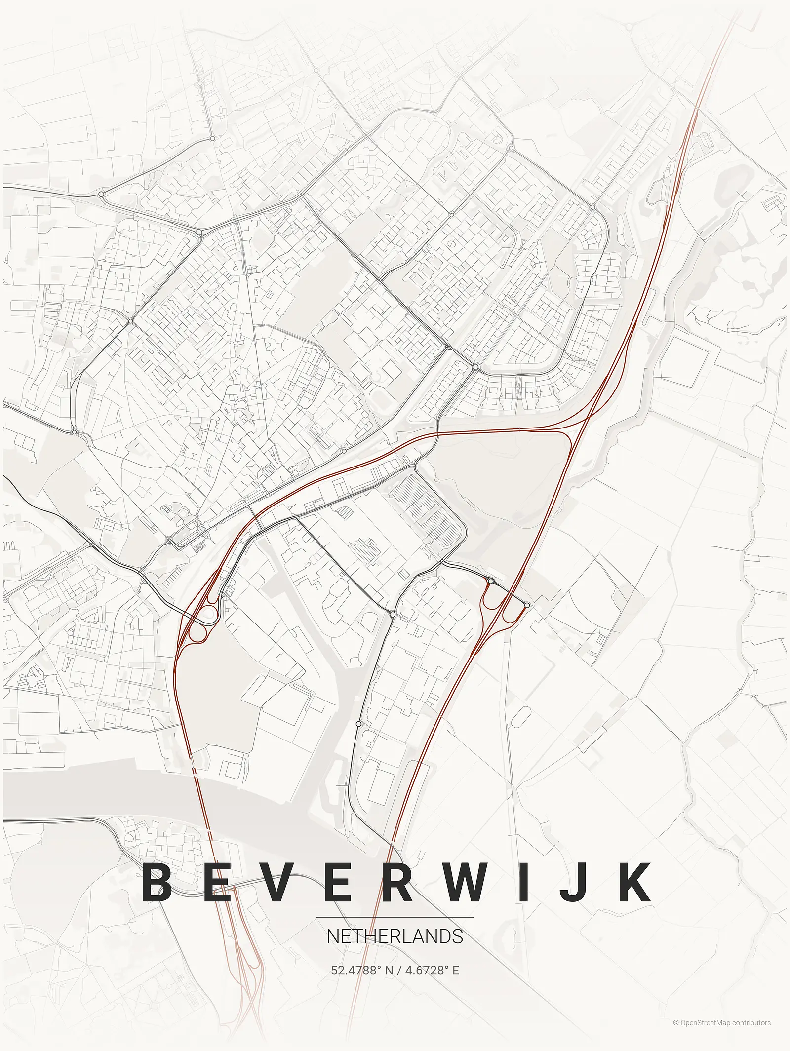 Stylized kaart poster of Beverwijk in Japanese ink style