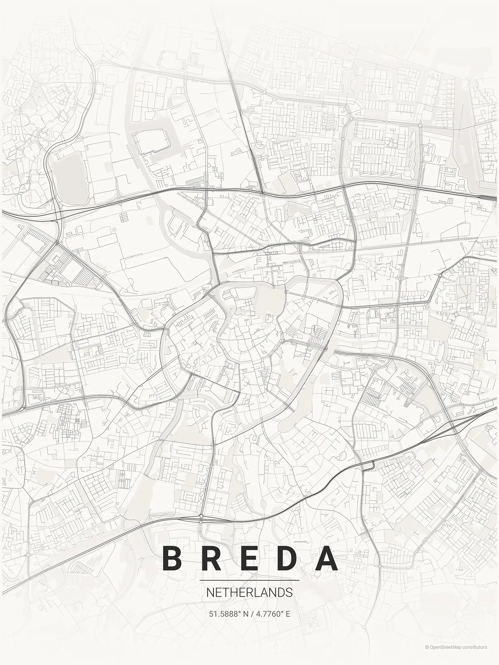 Stylized map poster of Breda in Japanese ink style