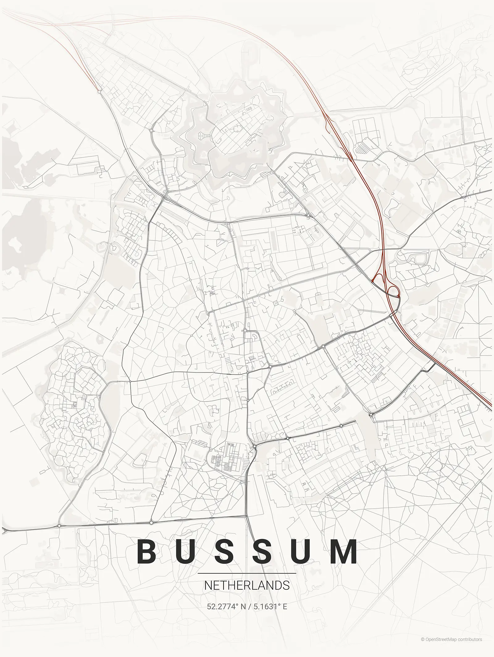 Póster de mapa estilizado de Bussum en estilo tinta japonesa
