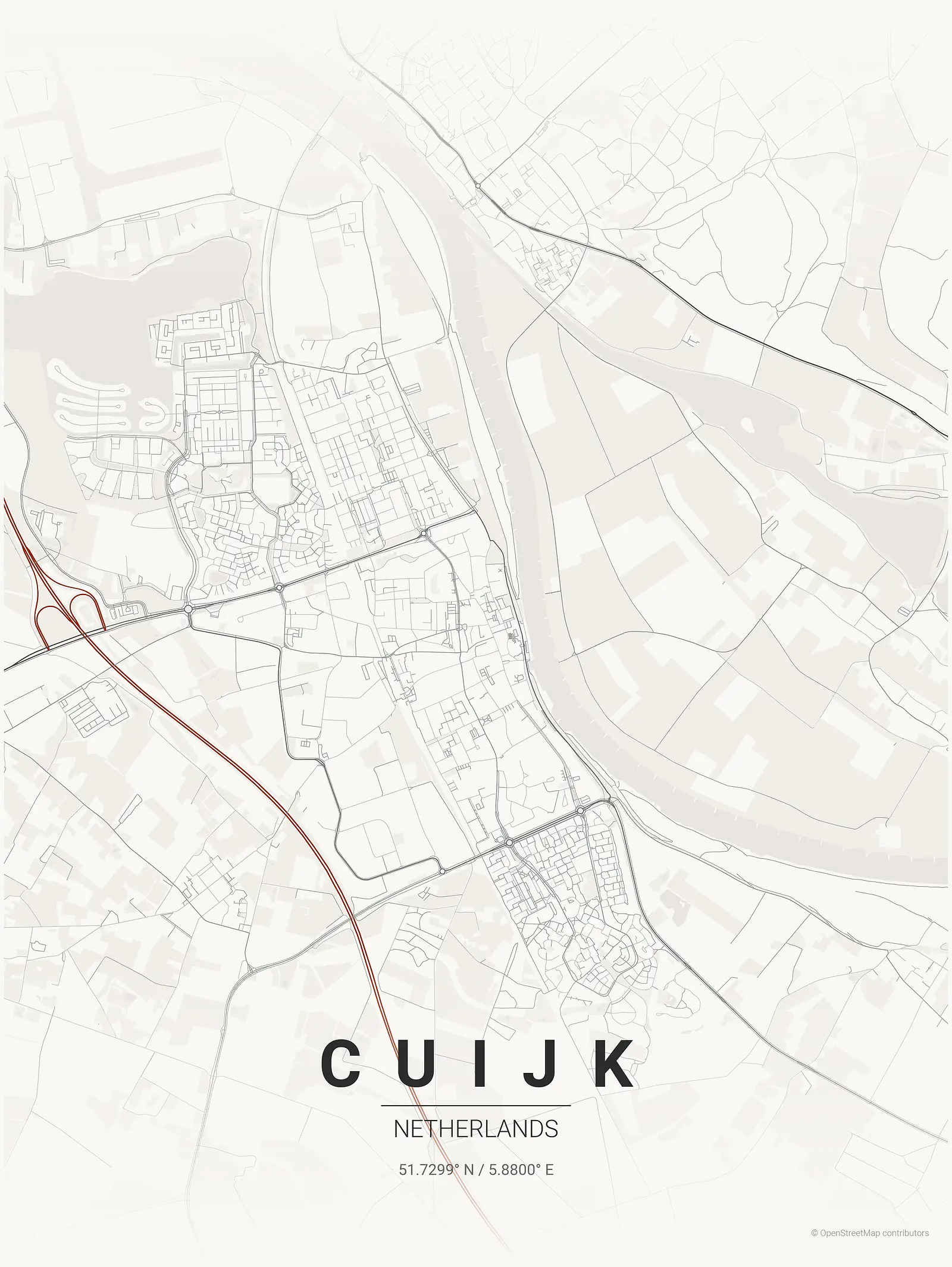 Stylized kaart poster of Cuijk in Japanese ink style