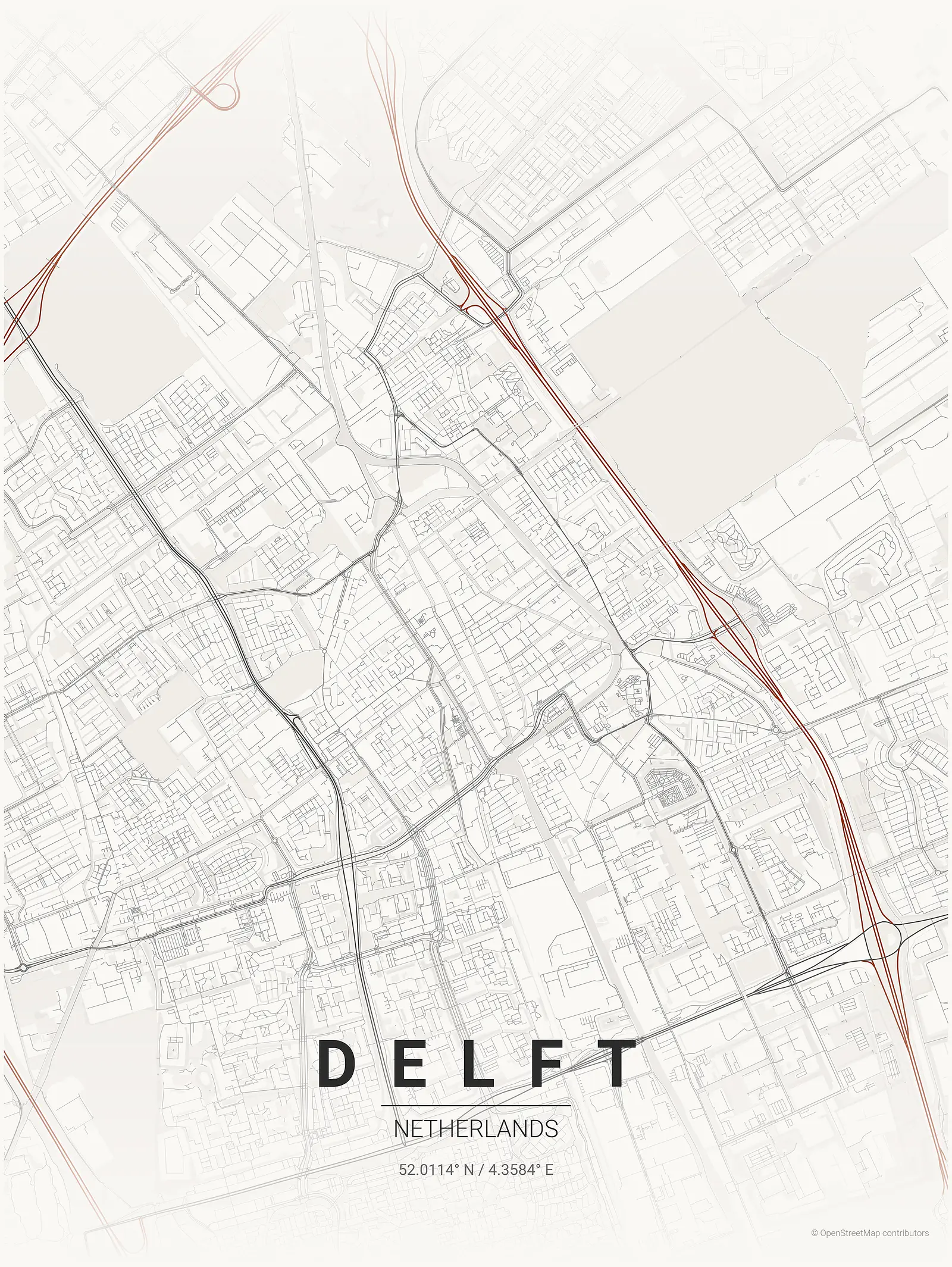 Póster de mapa estilizado de Delft en estilo tinta japonesa