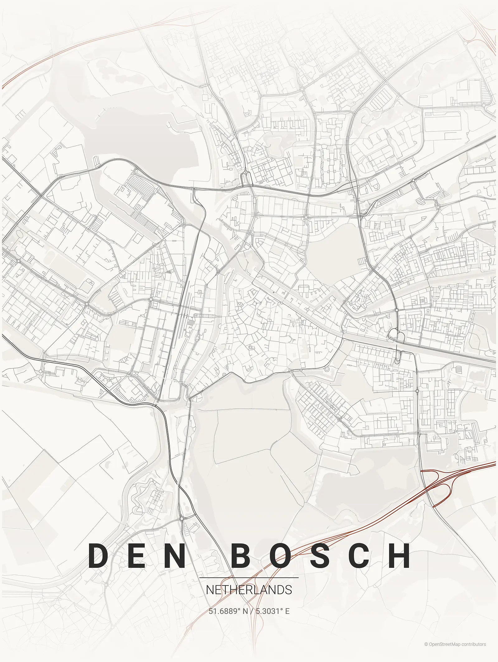 Stylized kaart poster of Den Bosch in Japanese ink style