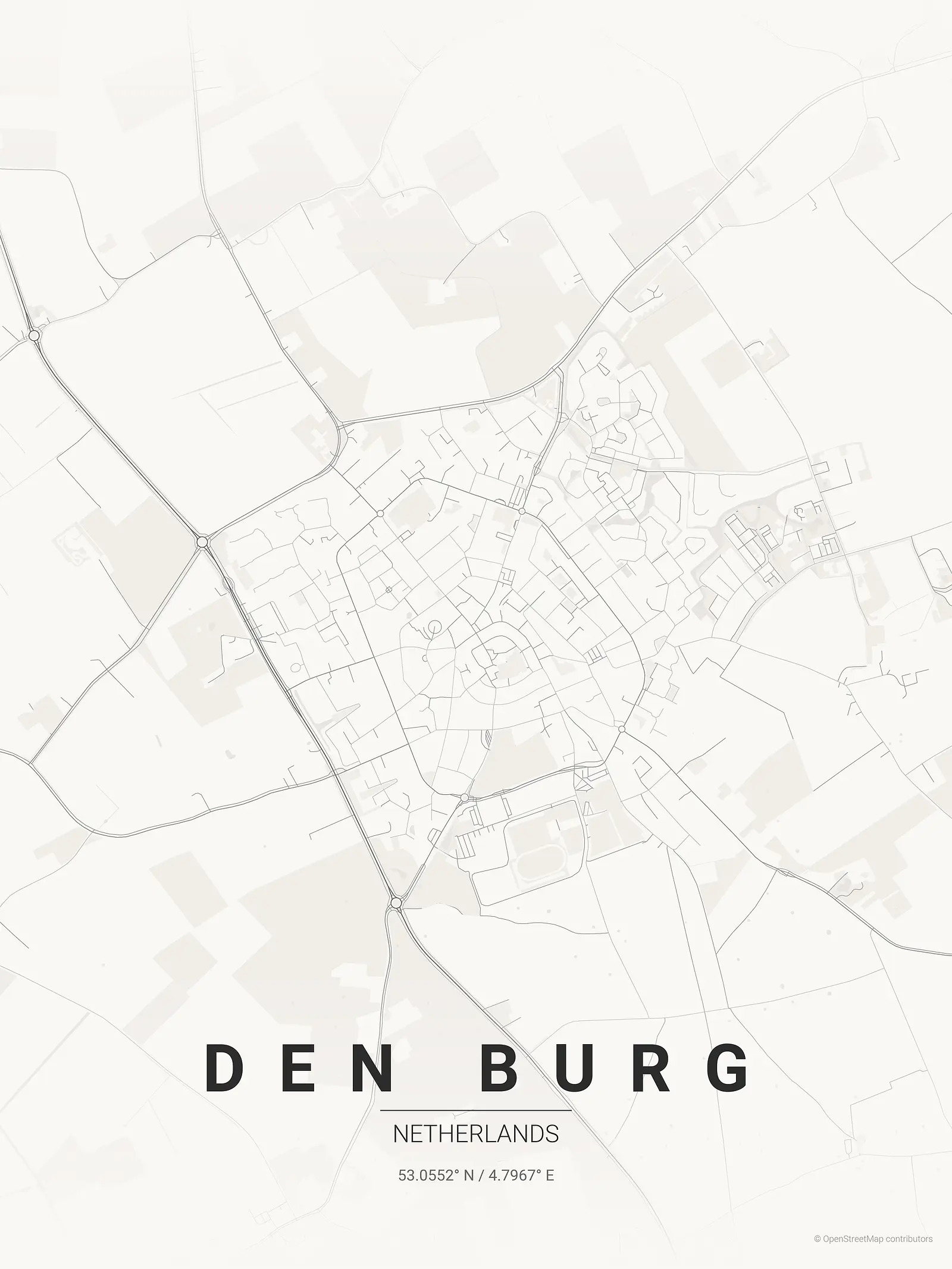 Stylized map poster of Den Burg in Japanese ink style