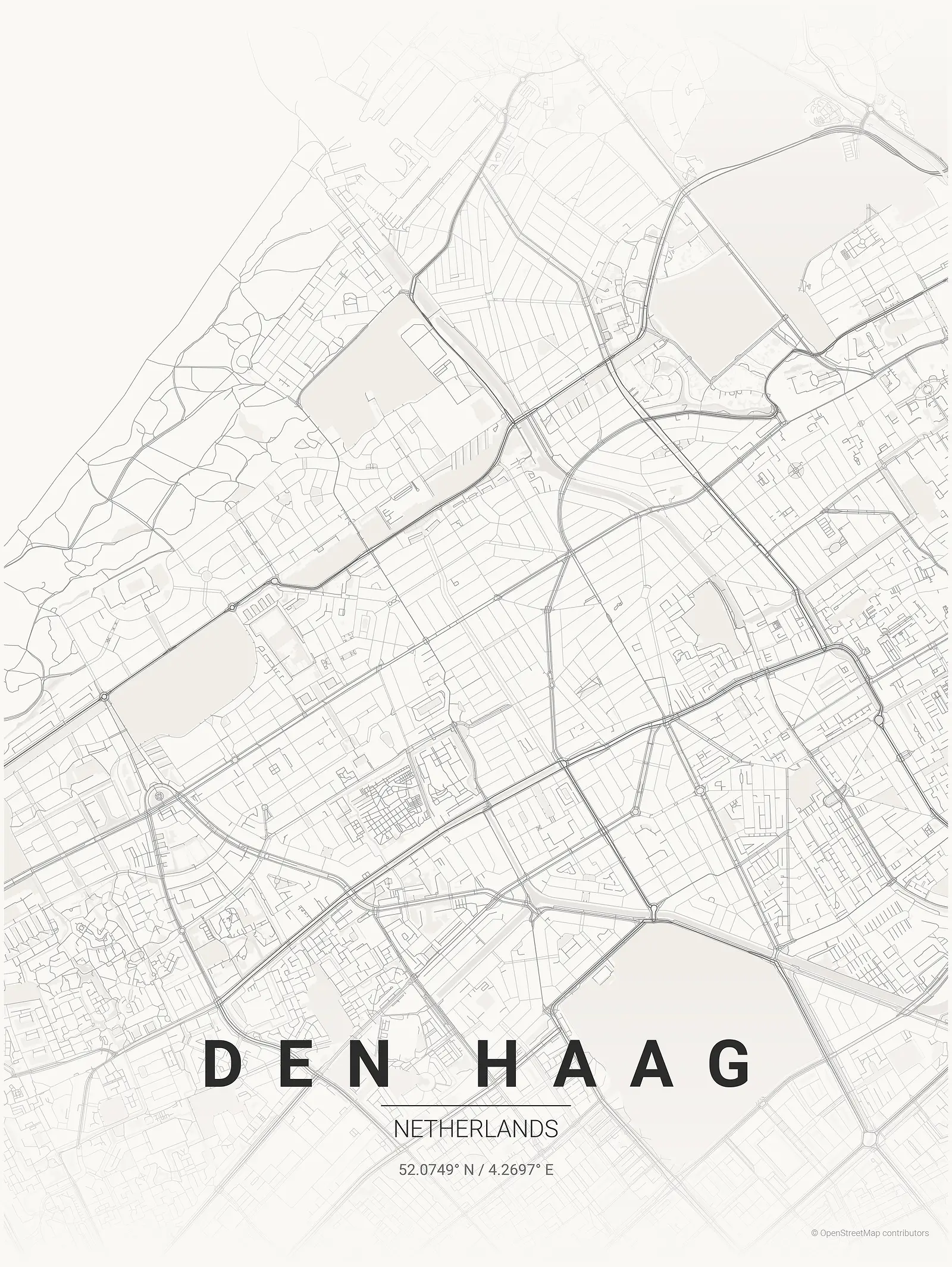 Stylized map poster of Den Haag in Japanese ink style