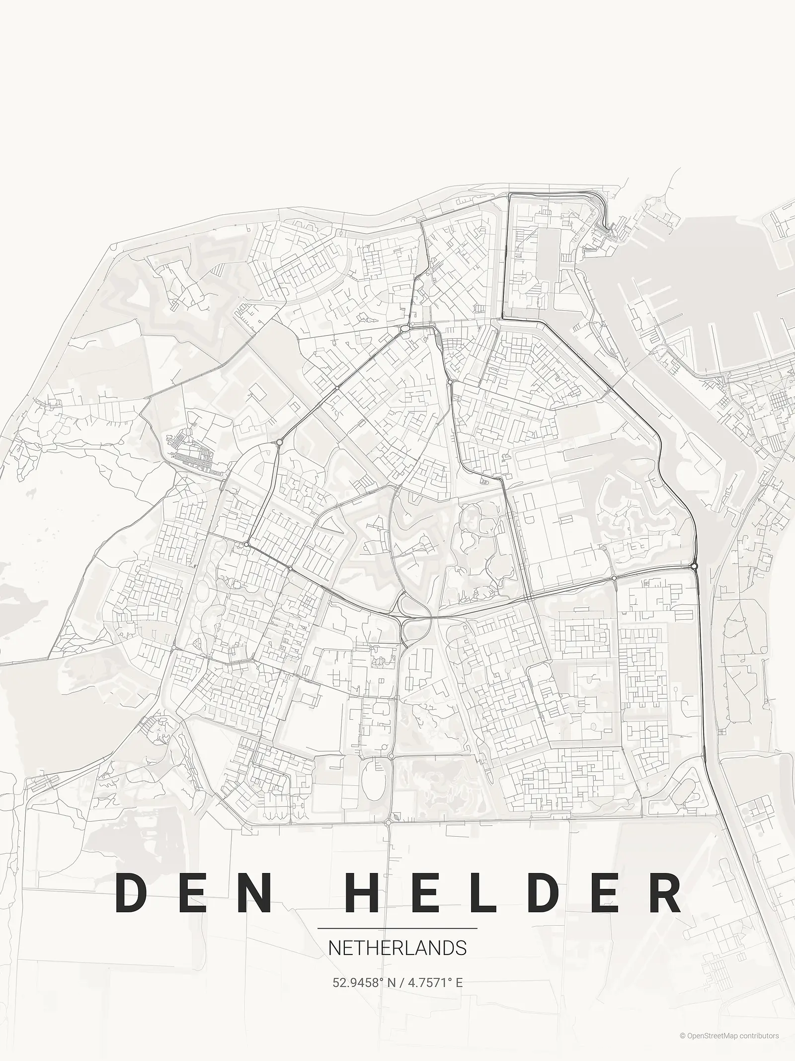 Stylized kaart poster of Den Helder in Japanese ink style