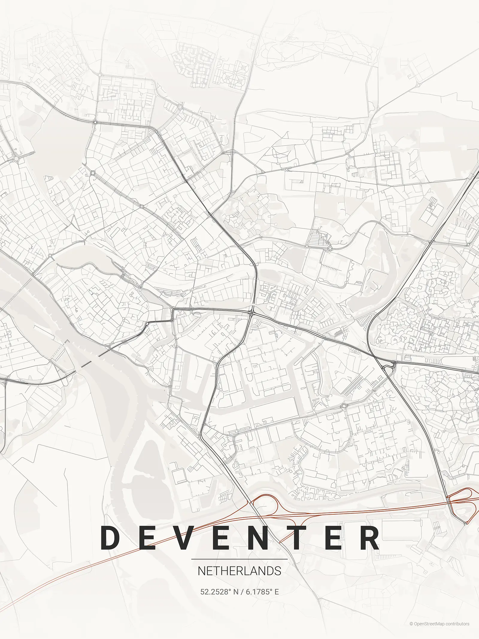 Póster de mapa estilizado de Deventer en estilo tinta japonesa