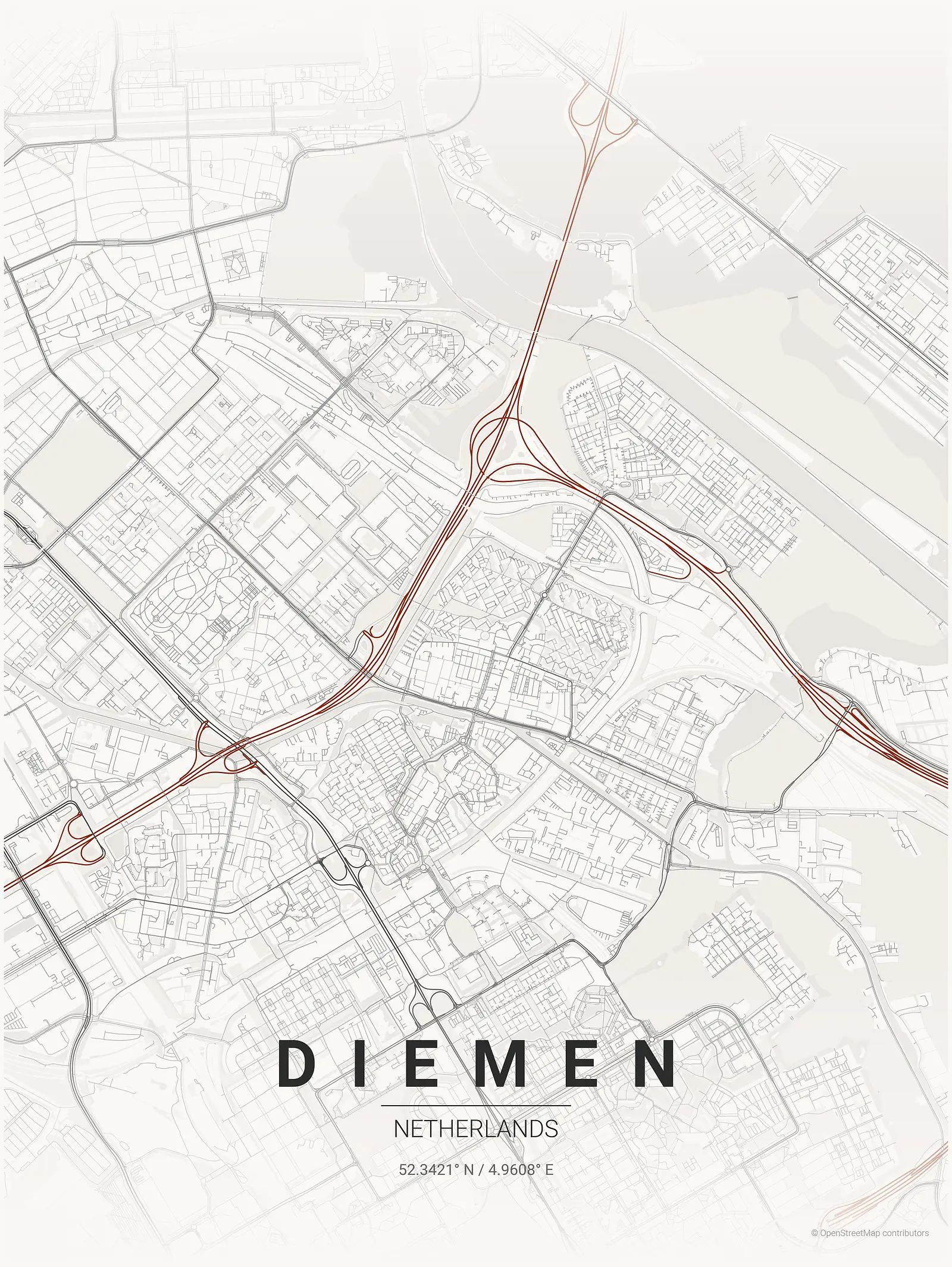 Stylized map poster of Diemen in Japanese ink style