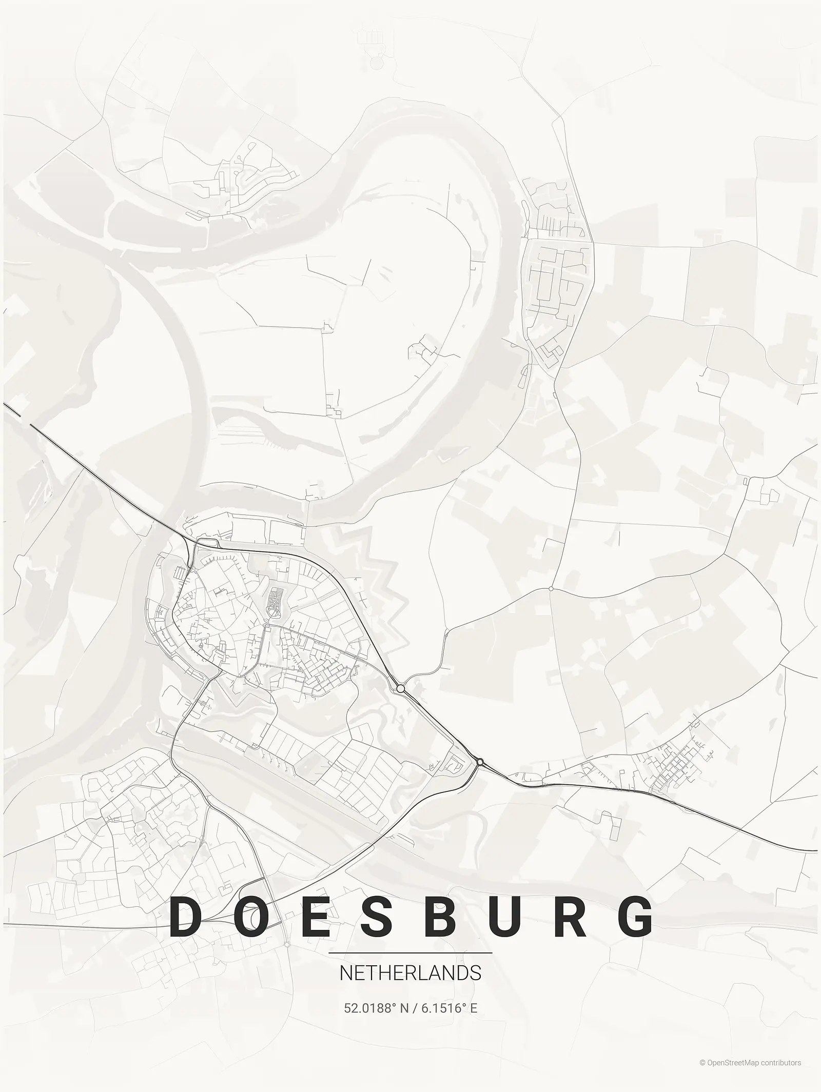 Póster de mapa estilizado de Doesburg en estilo tinta japonesa