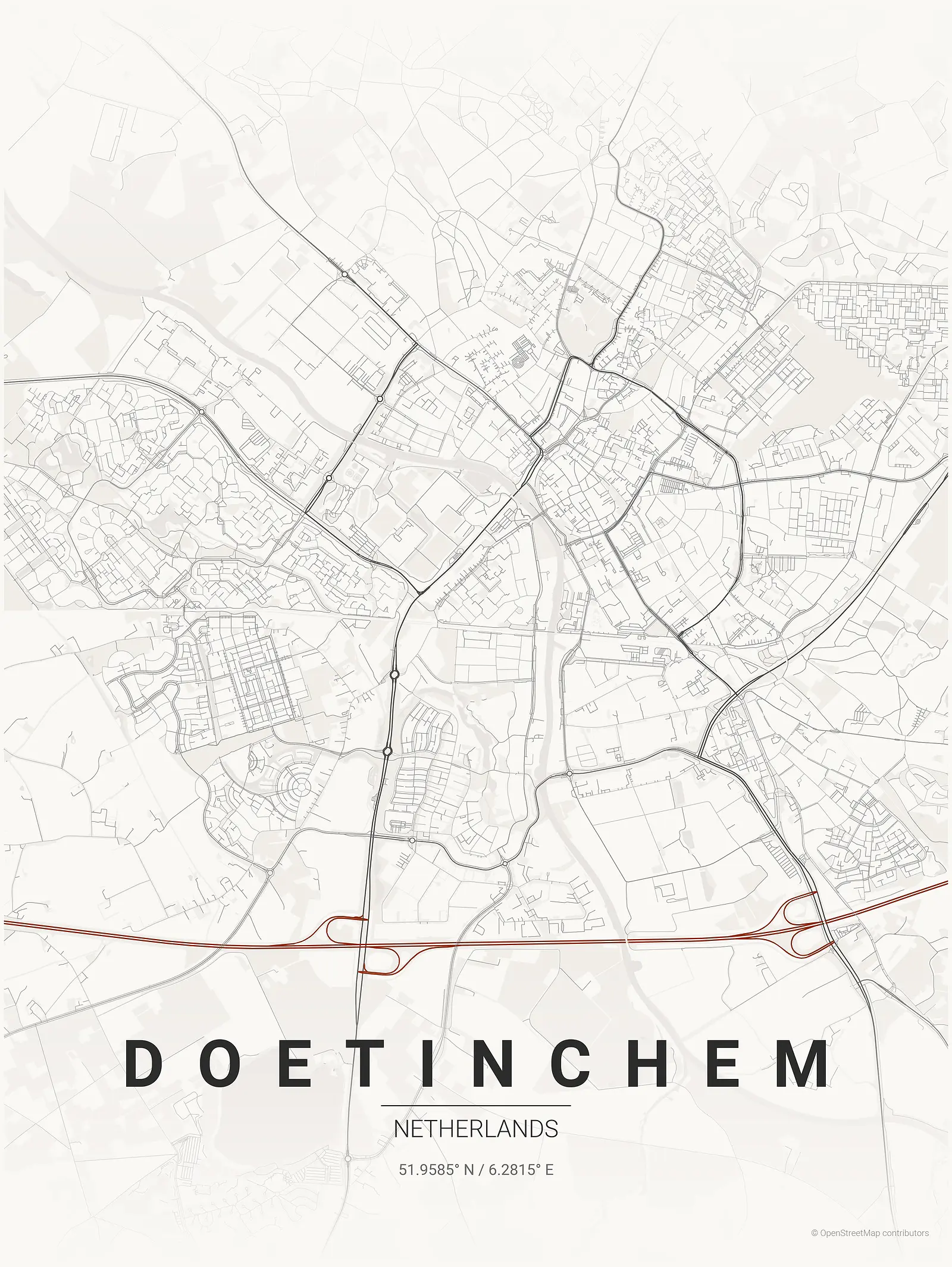 Póster de mapa estilizado de Doetinchem en estilo tinta japonesa