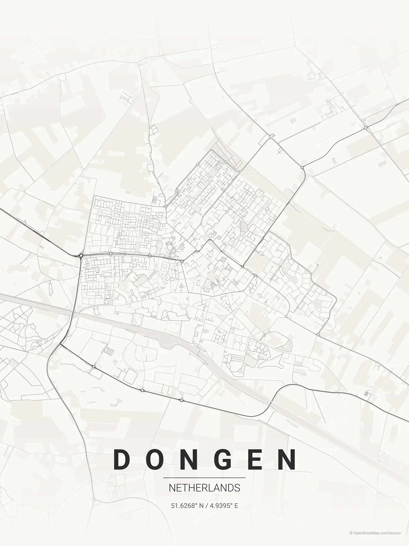 Póster de mapa estilizado de Dongen en estilo tinta japonesa