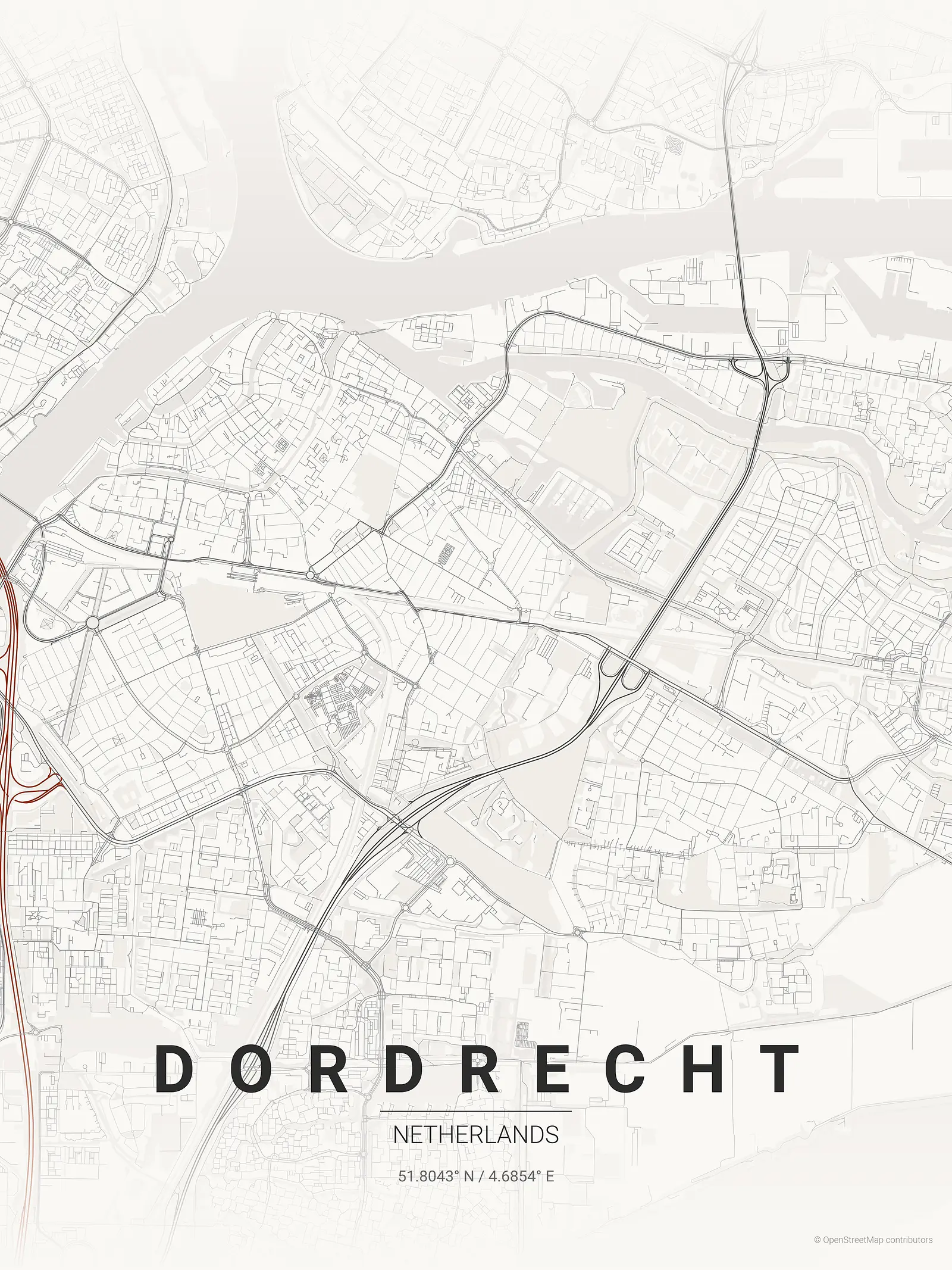 Póster de mapa estilizado de Dordrecht en estilo tinta japonesa