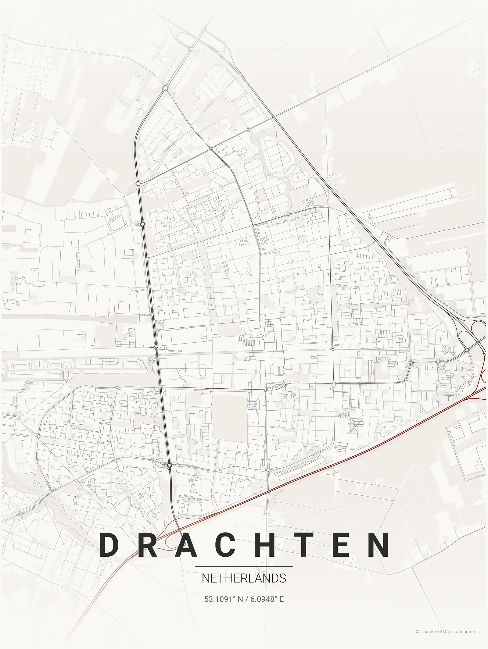 Póster de mapa estilizado de Drachten en estilo tinta japonesa