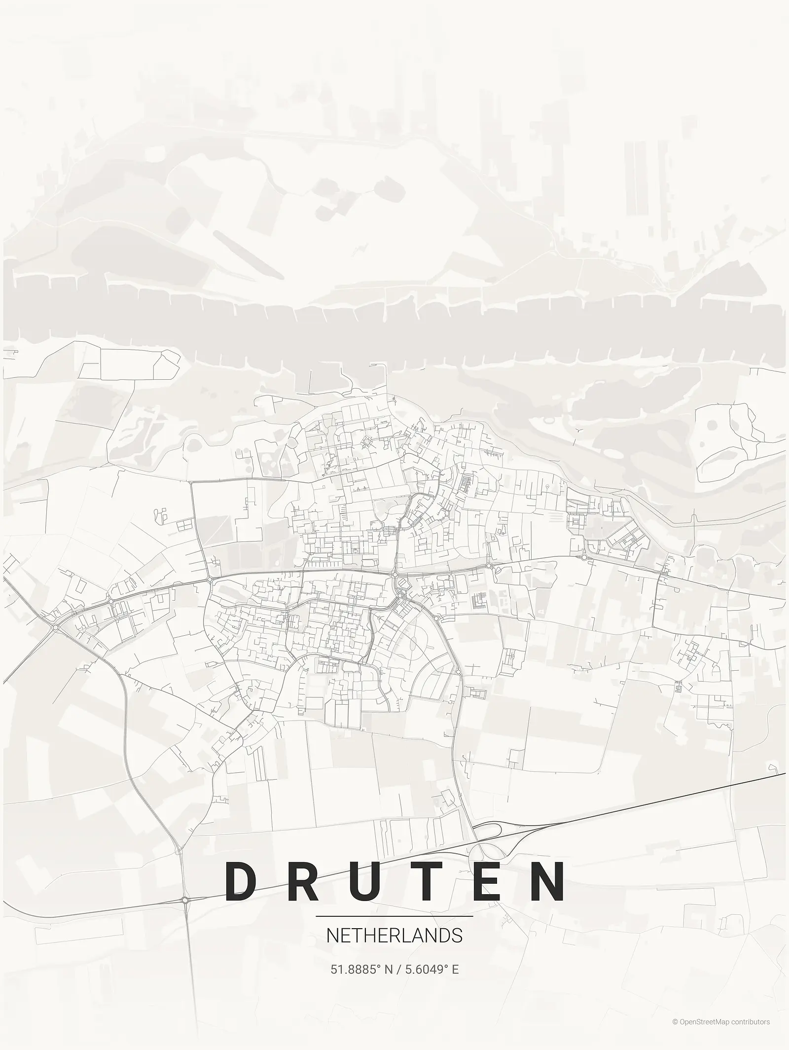Póster de mapa estilizado de Druten en estilo tinta japonesa