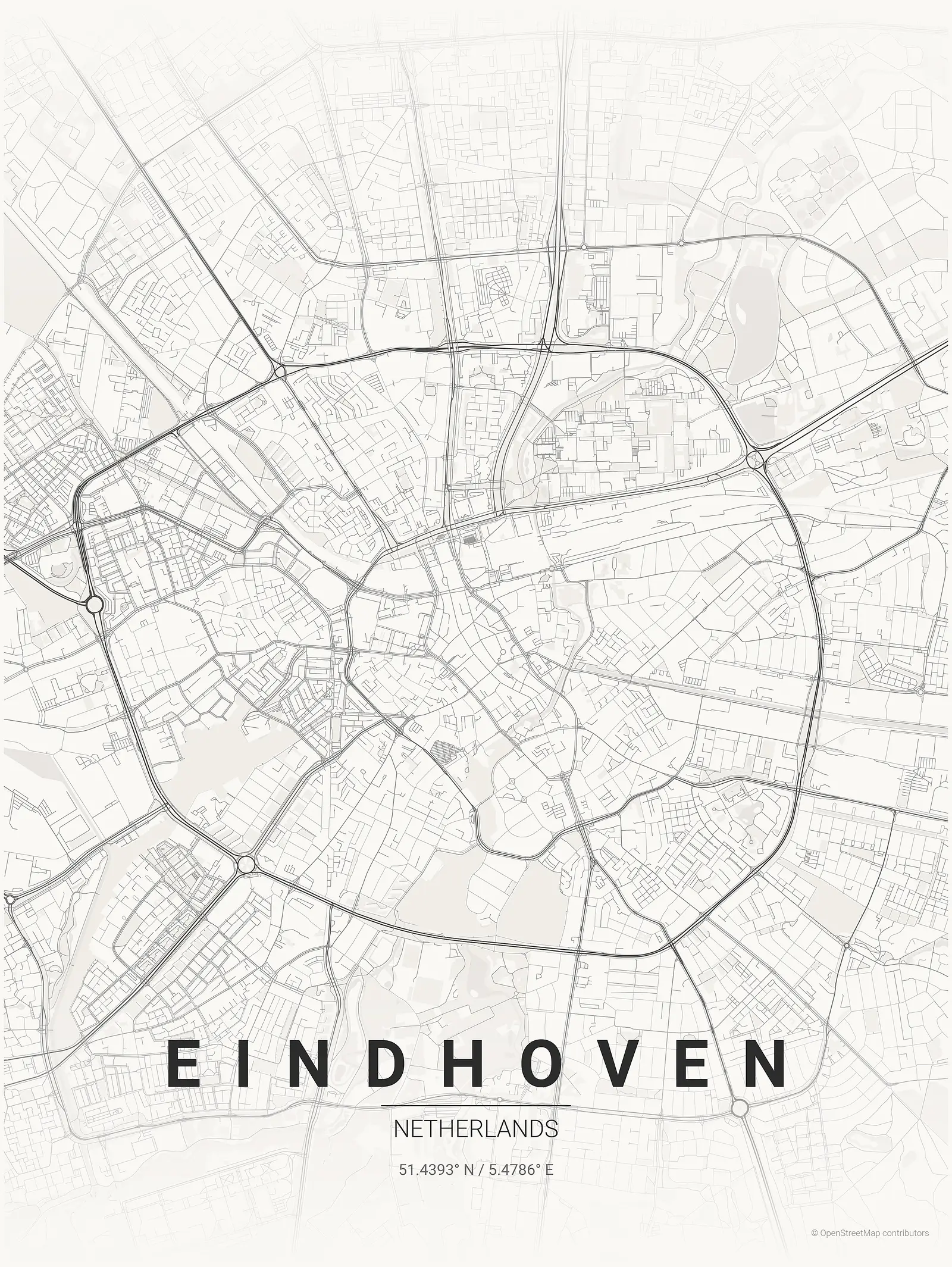 Stylized map poster of Eindhoven in Japanese ink style